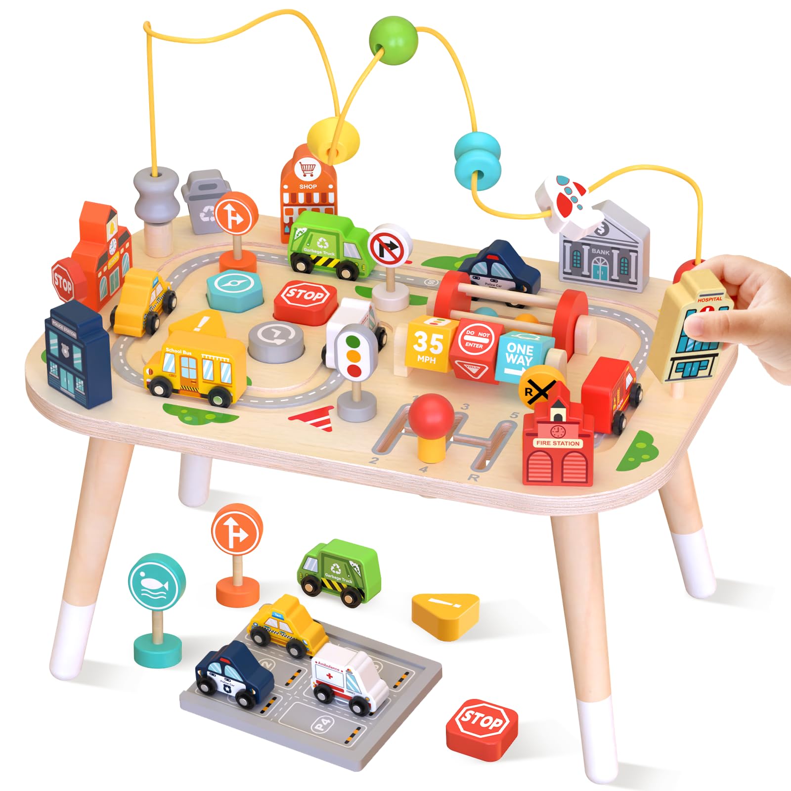 Tavolo attività Montessori in Legno per Bambini, Tavolo sensoriale a Tema Traffico con Labirinto di Perline, Auto e segnali stradali,Regalo di Compleanno per Bambini e Bambine di 123 Anni