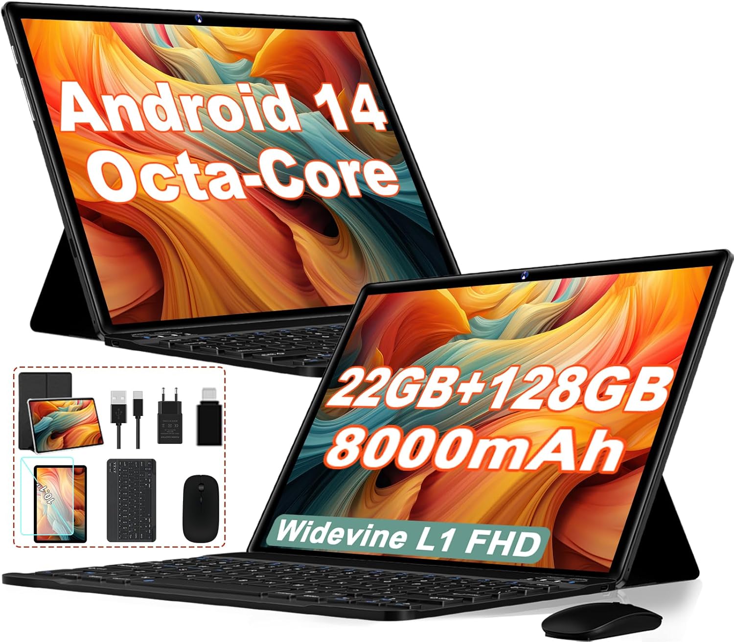 Tablet 10 pollici Android 14, 22GB RAM 128GB ROM, Black - immagine 1