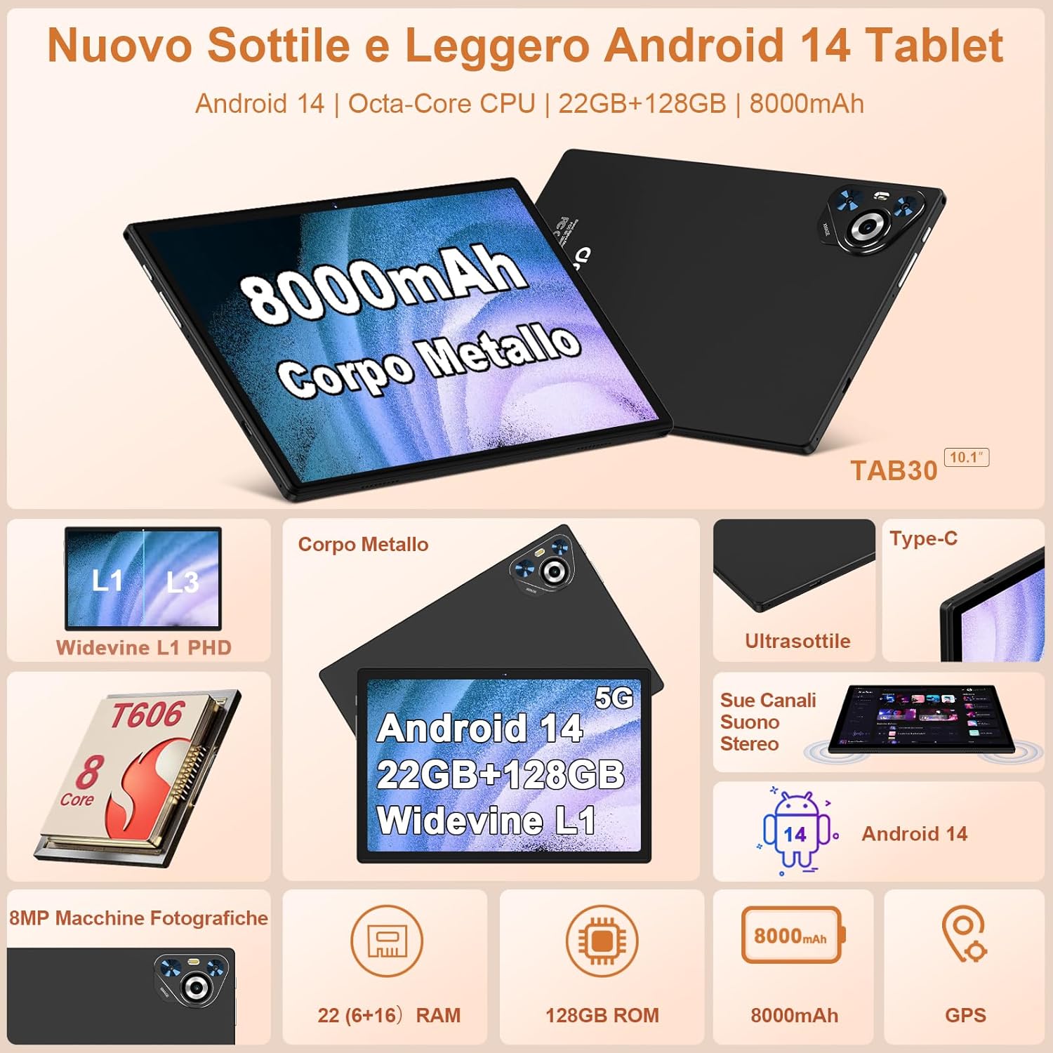 Tablet 10 pollici Android 14, 22GB RAM 128GB ROM, Black - immagine 2