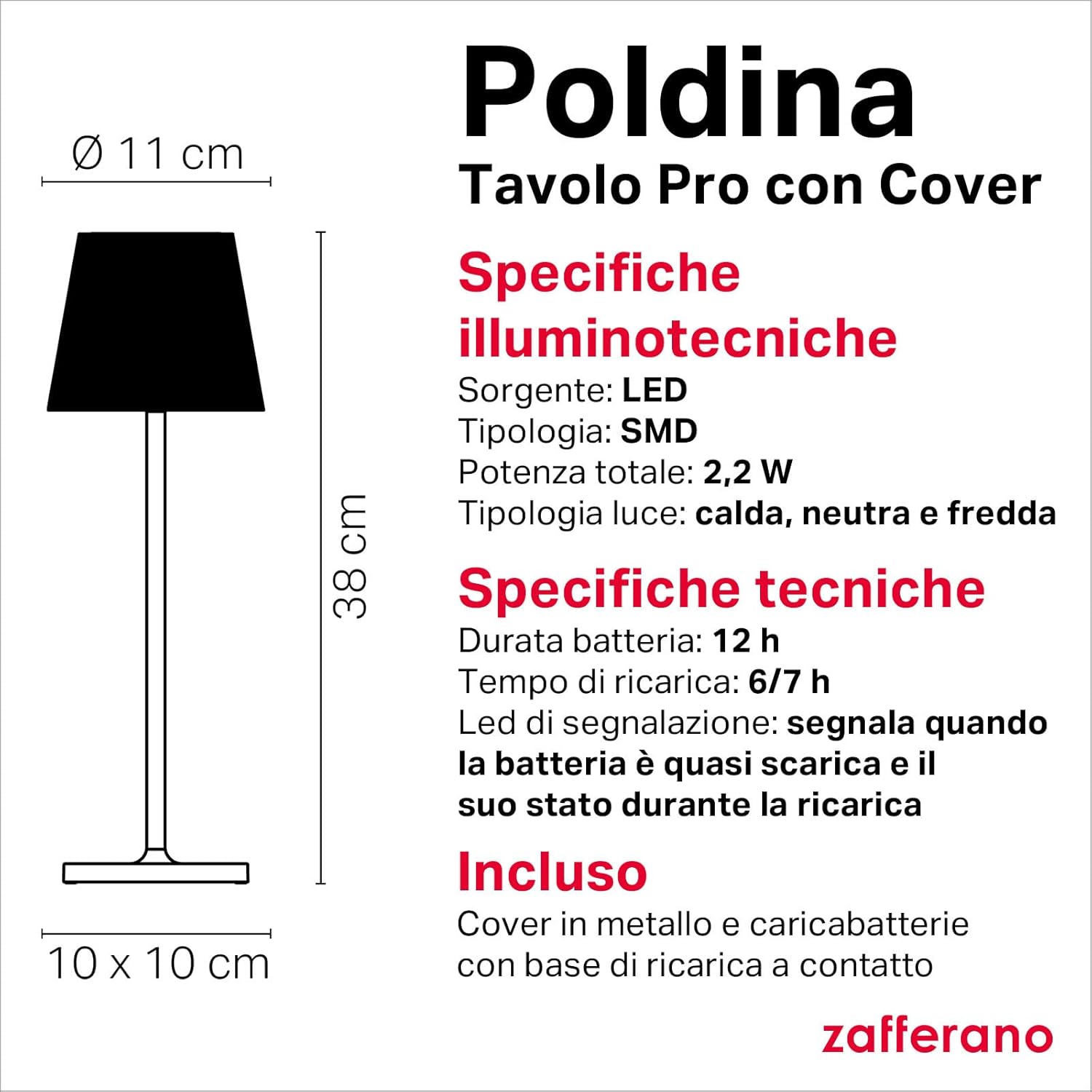 Zafferano Poldina Pro - Lampada da Tavolo Ricaricabile, Bianca - immagine 4