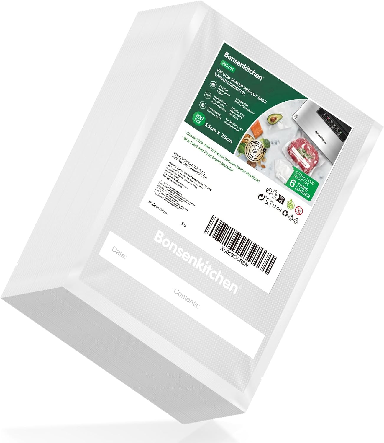 Bonsenkitchen Sacchetti Sottovuoto per Alimenti 100 Buste 15x25cm - immagine 1