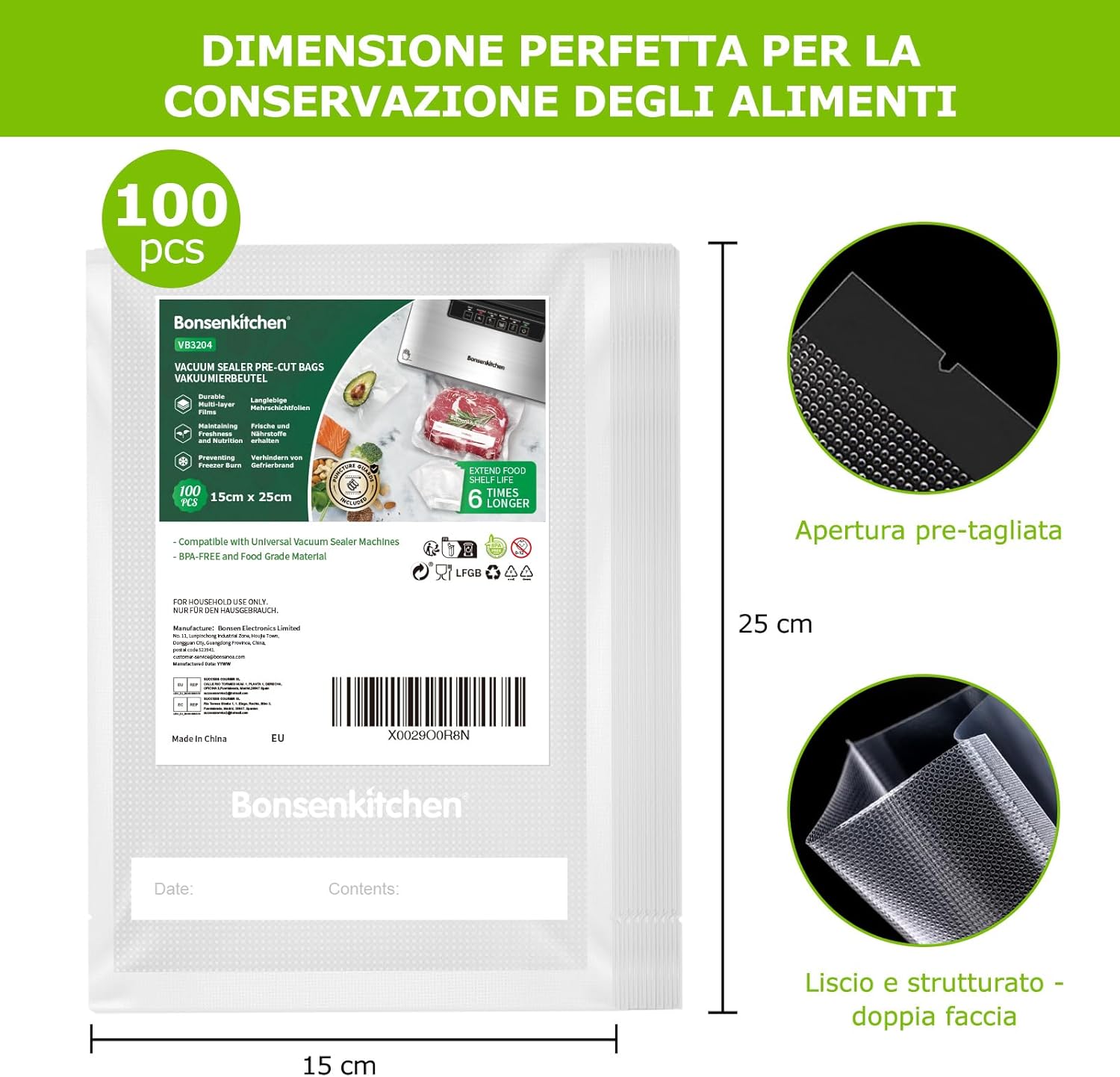 Bonsenkitchen Sacchetti Sottovuoto per Alimenti 100 Buste 15x25cm - immagine 4