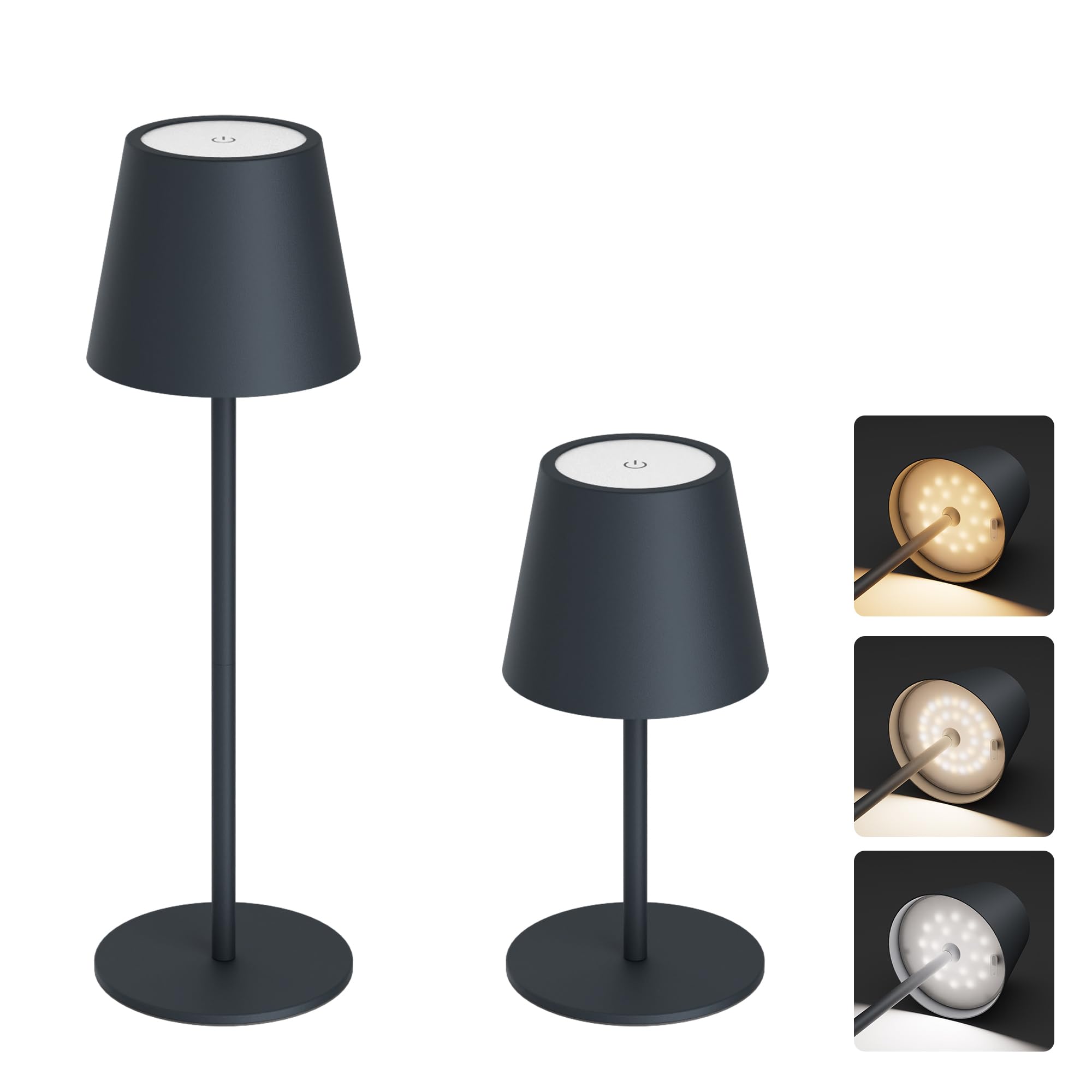 Aipsun Lampada da tavolo LED senza fili con touch Antracite 23/36,5cm, ricaricabile 5000mAh (5V 2A), 3W 2700/4000/6000K dimmerabile, Ferro, IP44 Interno/Esterno per camera da letto, ufficio (2 pezzi)