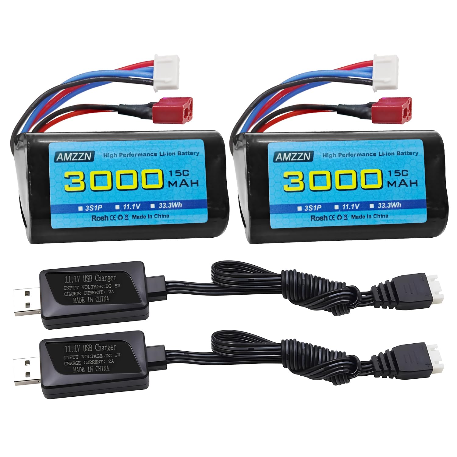 Amzzn 2PCS 11.1V 3000mAh 3S Batteria Li-ion T-plug