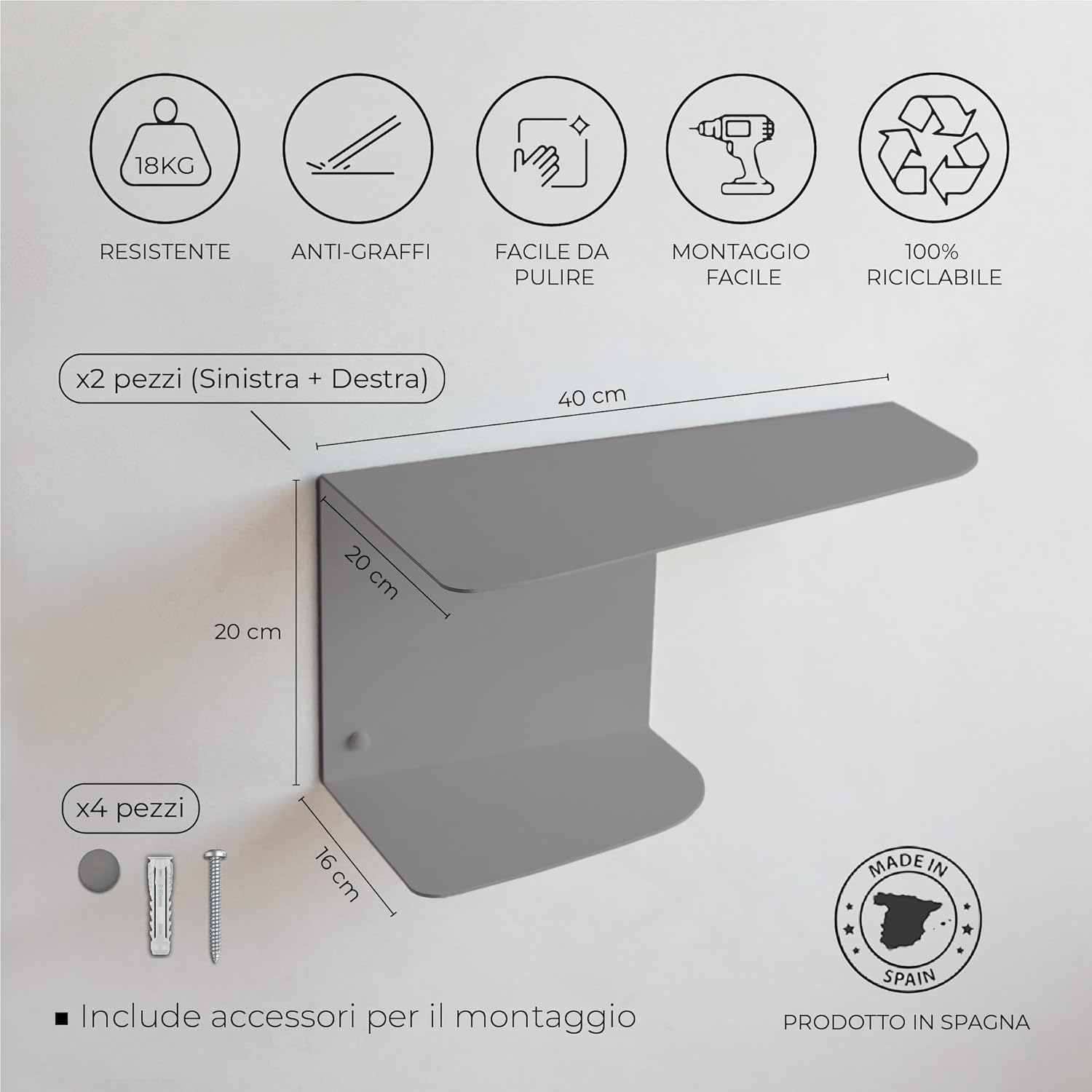 Miluka - Set 2 Comodini da Parete 40x20cm, Grigio - immagine 2