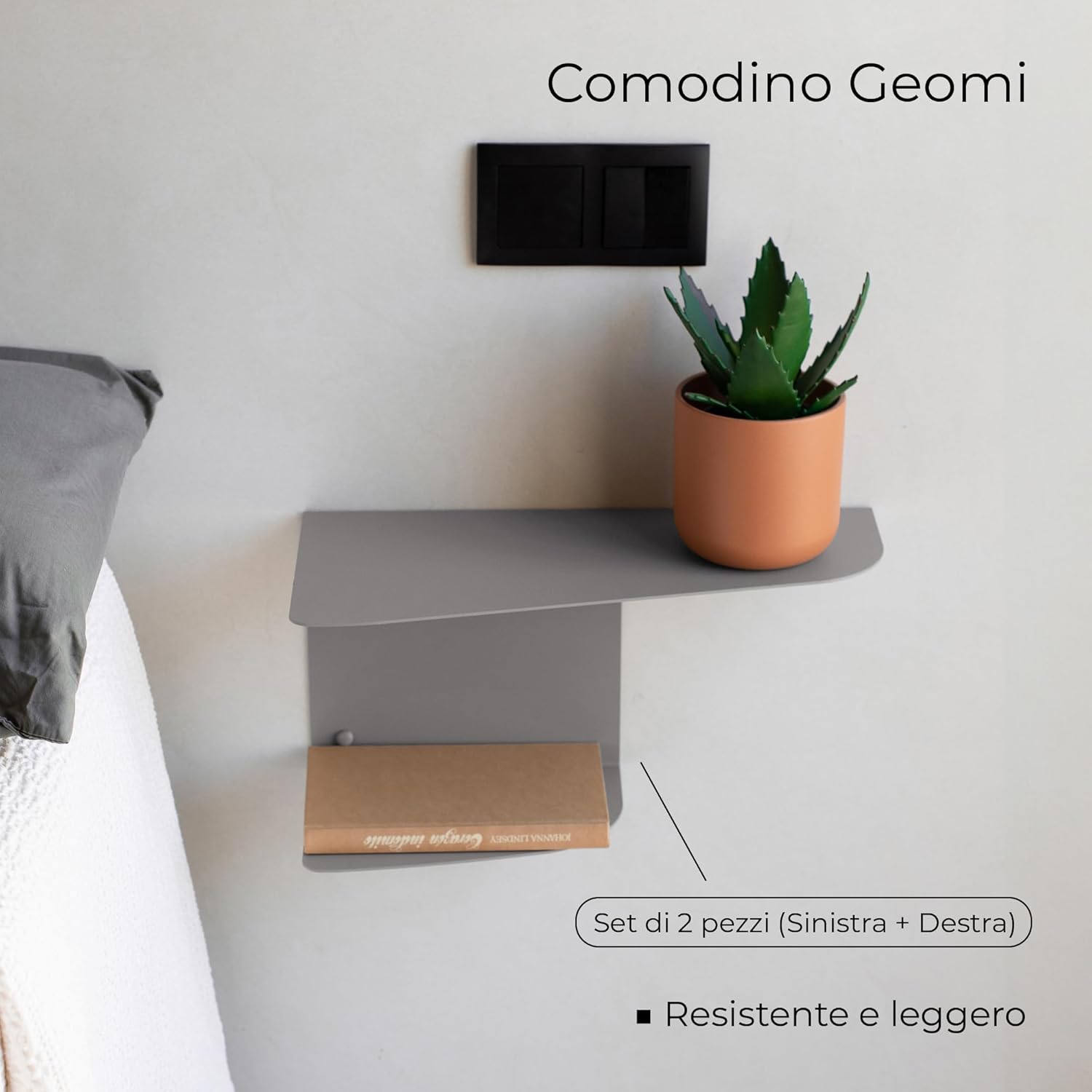 Miluka - Set 2 Comodini da Parete 40x20cm, Grigio - immagine 3