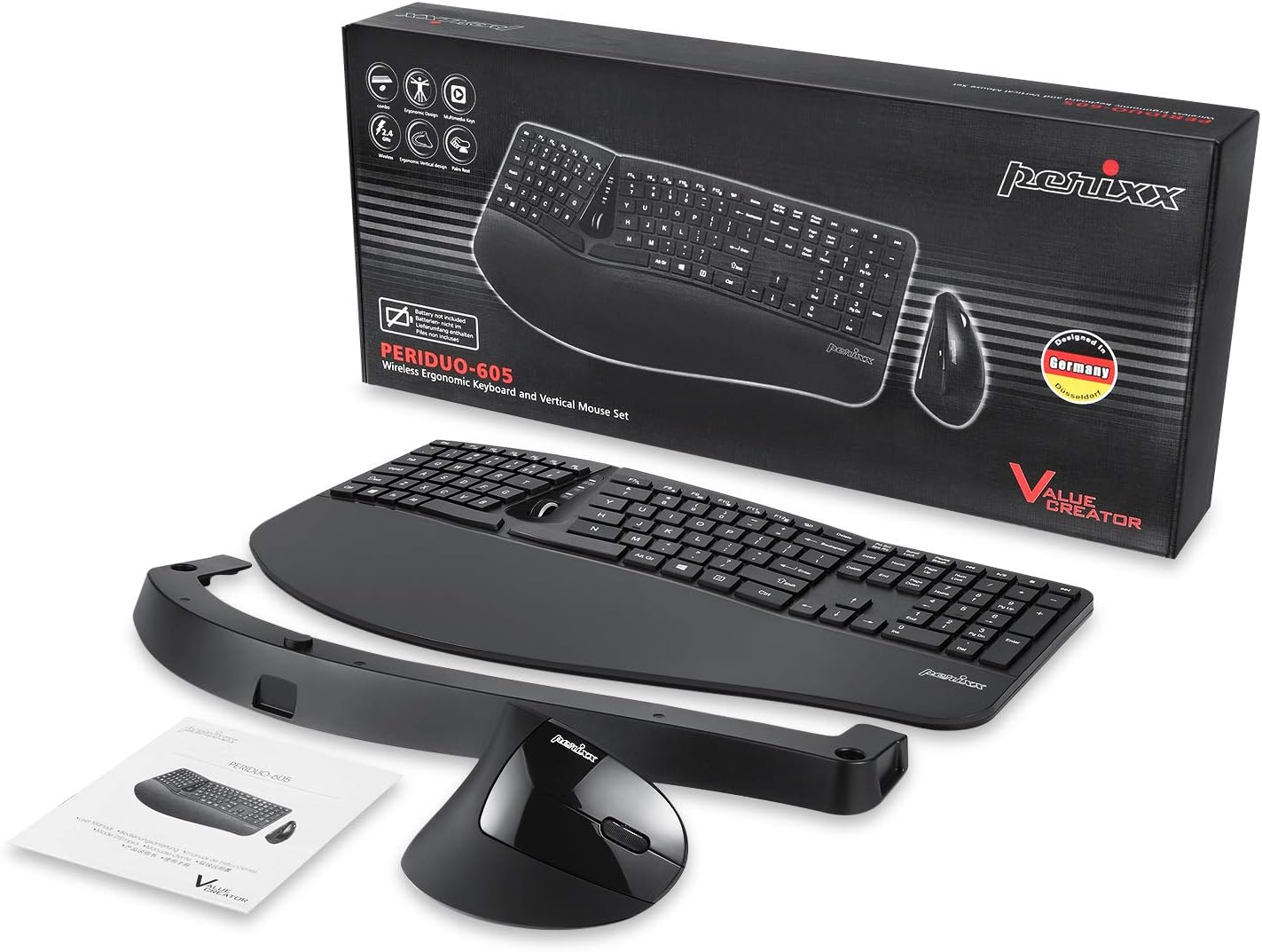 Perixx Periduo-605, Set Tastiera Ergonomica e Mouse Verticale Wireless, 3D Design con Tasti divisi e Rotella di Scorrimento inclinazione, poggiapolso Regolabile e Profilo ribassato, US Layout - immagine 6