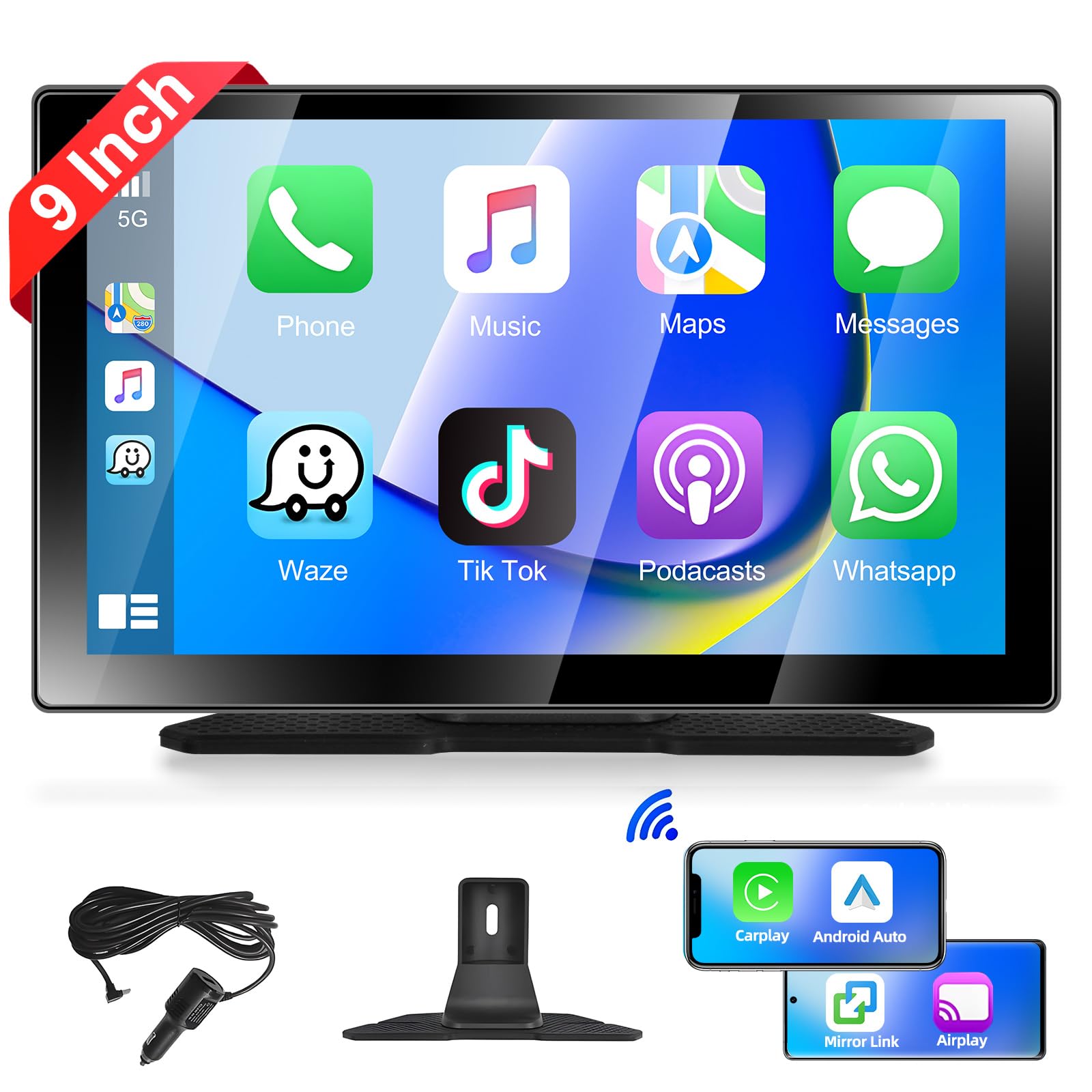 Podofo Autoradio Portatile 9" Wireless Carplay Android Auto