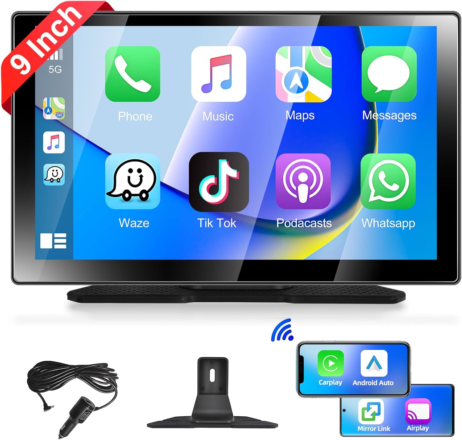 Podofo Autoradio Portatile 9" Wireless Carplay Android Auto - immagine 1