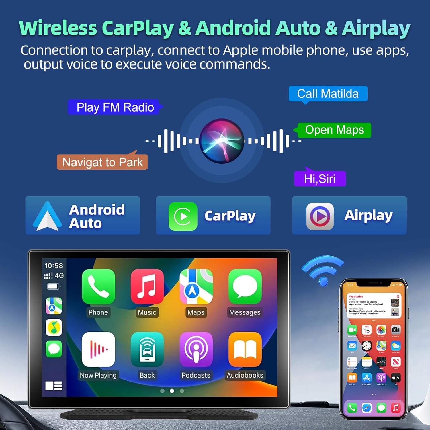 Podofo Autoradio Portatile 9" Wireless Carplay Android Auto - immagine 2