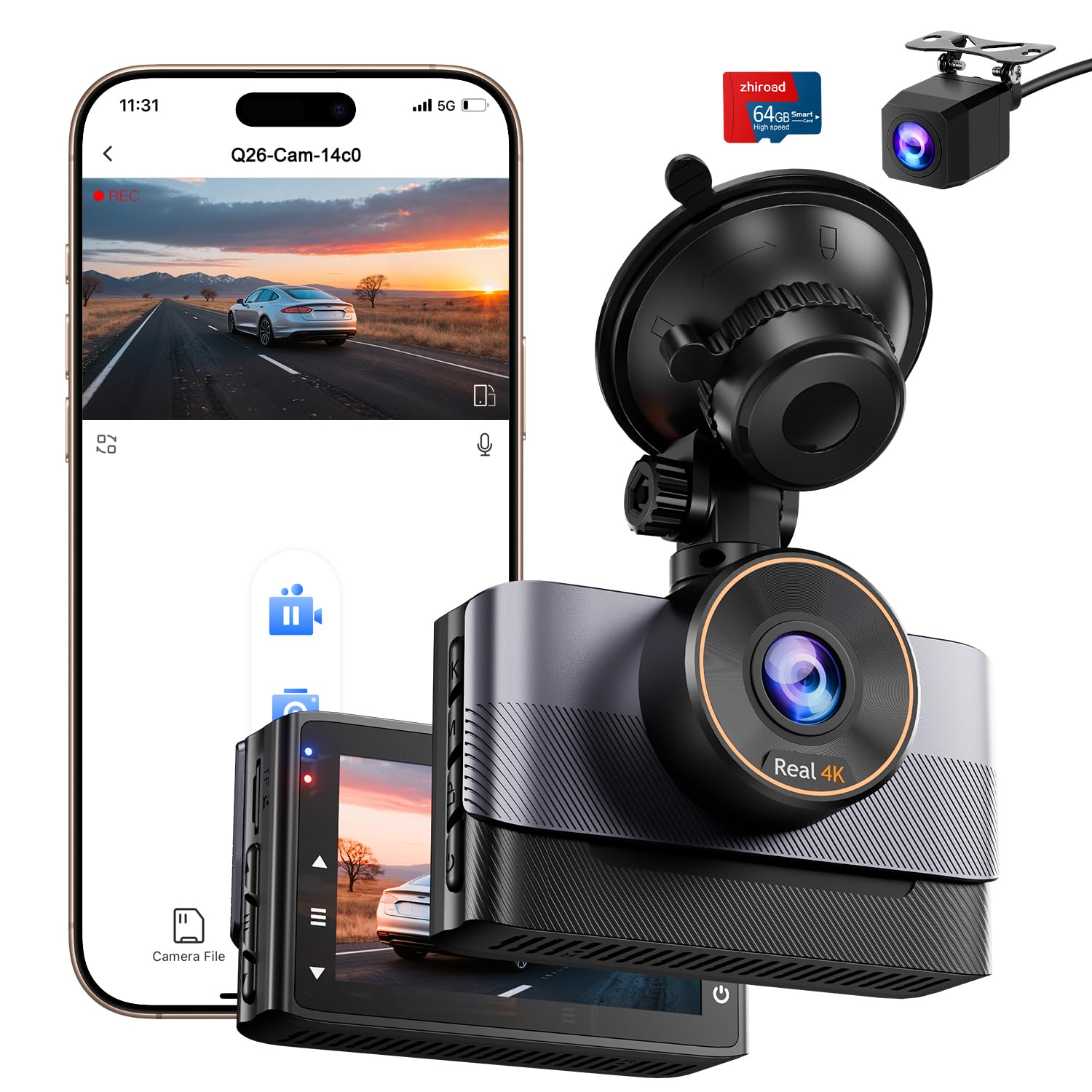 4K Dashcam Auto Fronte Retro con WiFi e SD 64G