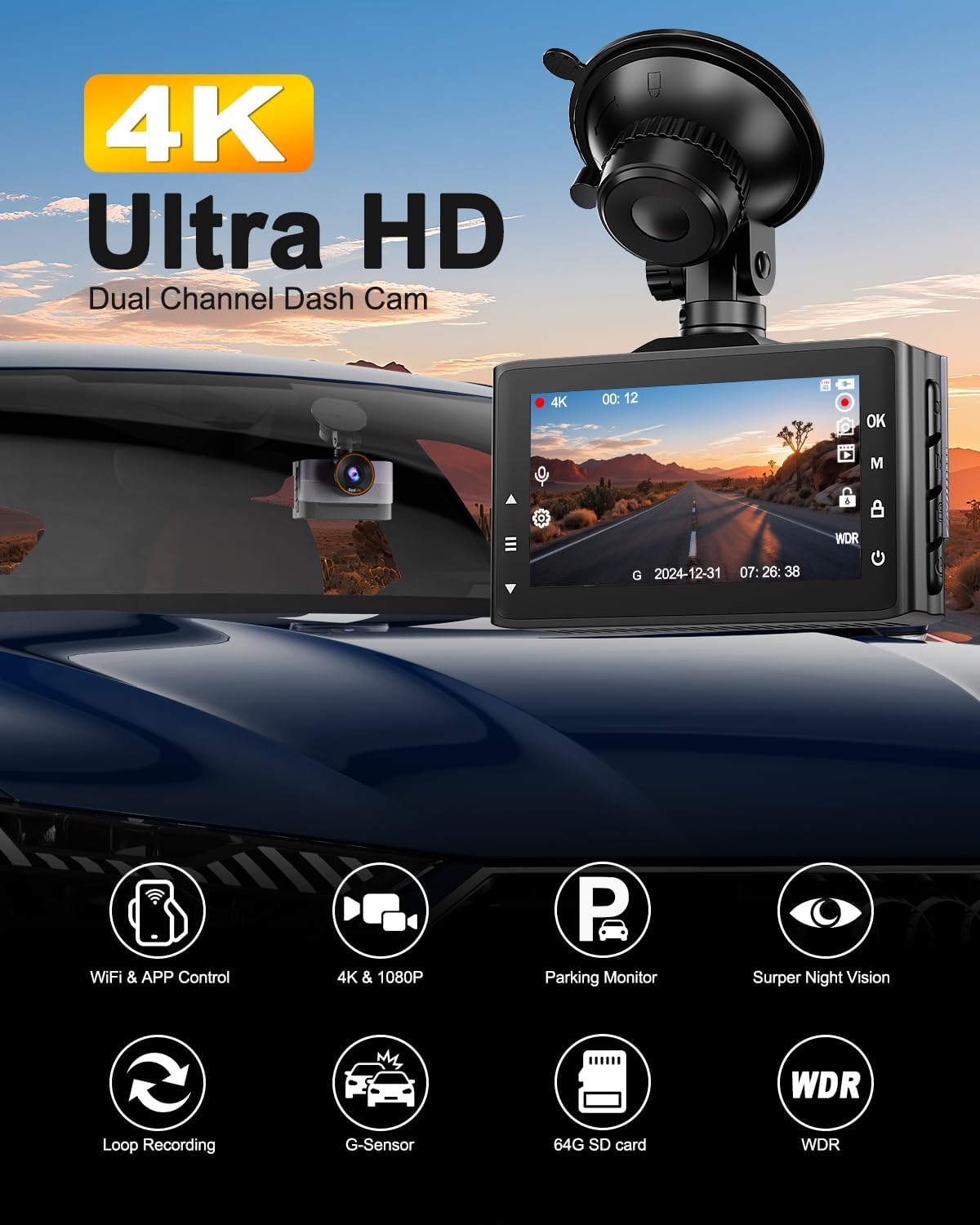 4K Dashcam Auto Fronte Retro con WiFi e SD 64G - immagine 2