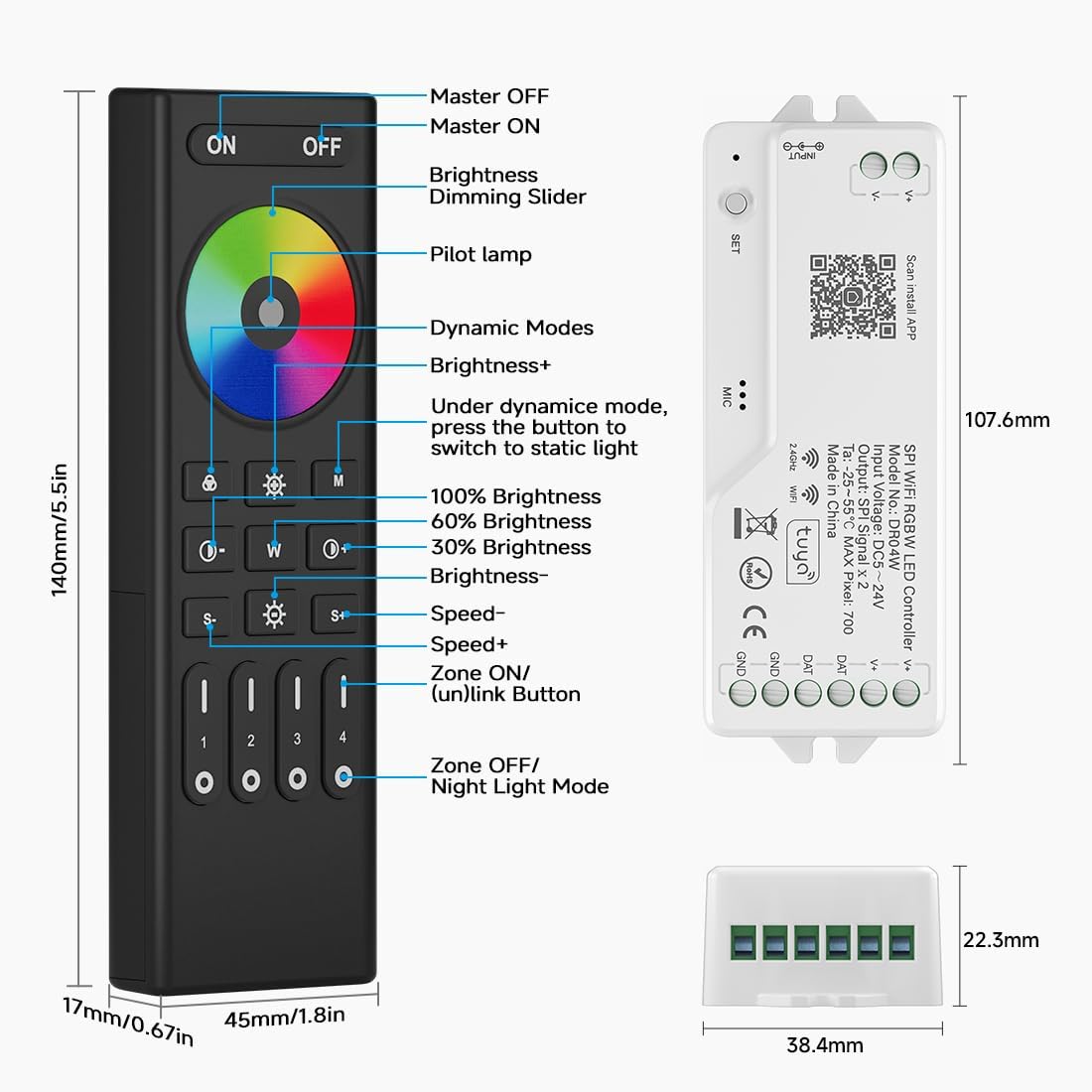 Btf-lighting 2.4G WiFi SPI RGBW Controllore LED DR04W - immagine 2