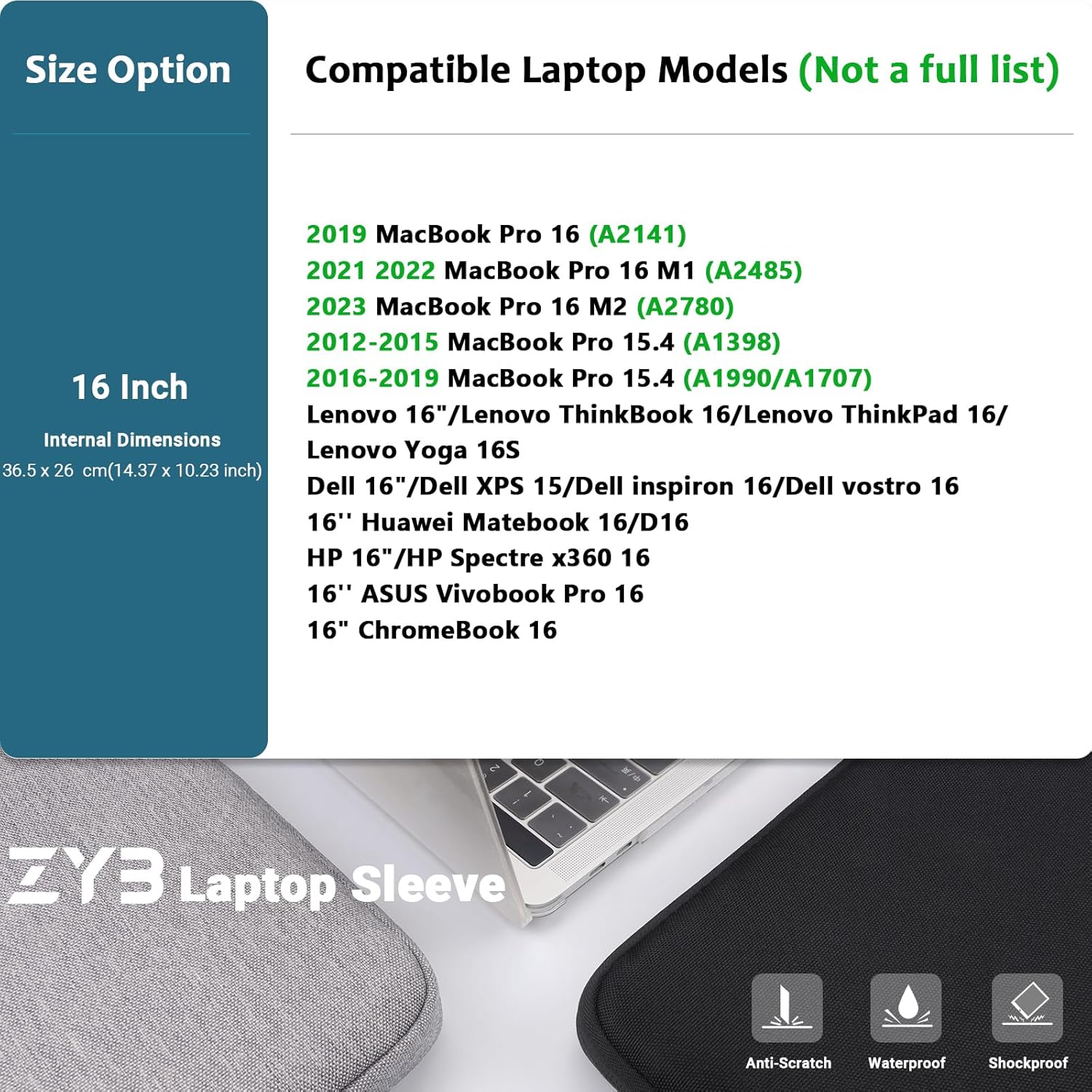 Zyb Custodia PC Portatile 16 Pollici, Nera - immagine 2