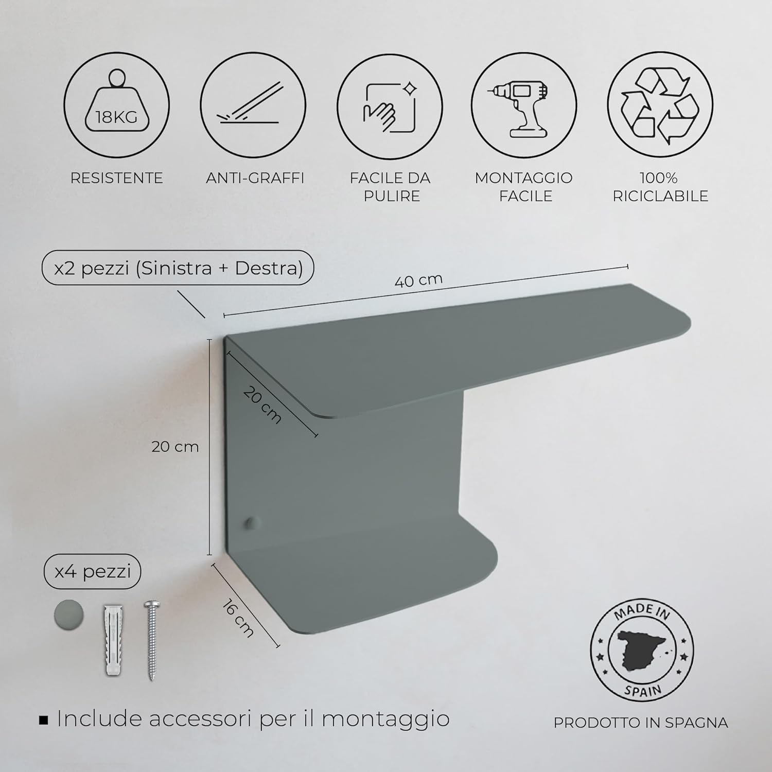 Miluka Pack 2 Comodini Sospesi Verdi 40x20 cm - immagine 2