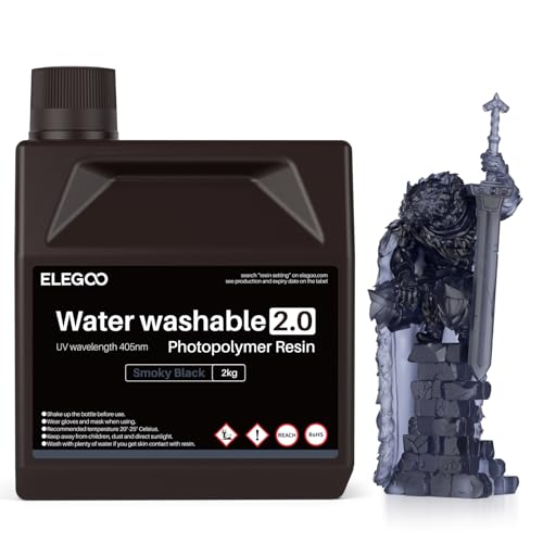 ELEGOO Resina Lavabile ad Acqua per Stampanti 3D 2.0 Aggiornata, Resina 3D per Cura UV 405nm con Minore Restringimento e Maggiore Precisione per Stampa 3D LCD,Nero fumé 2000G