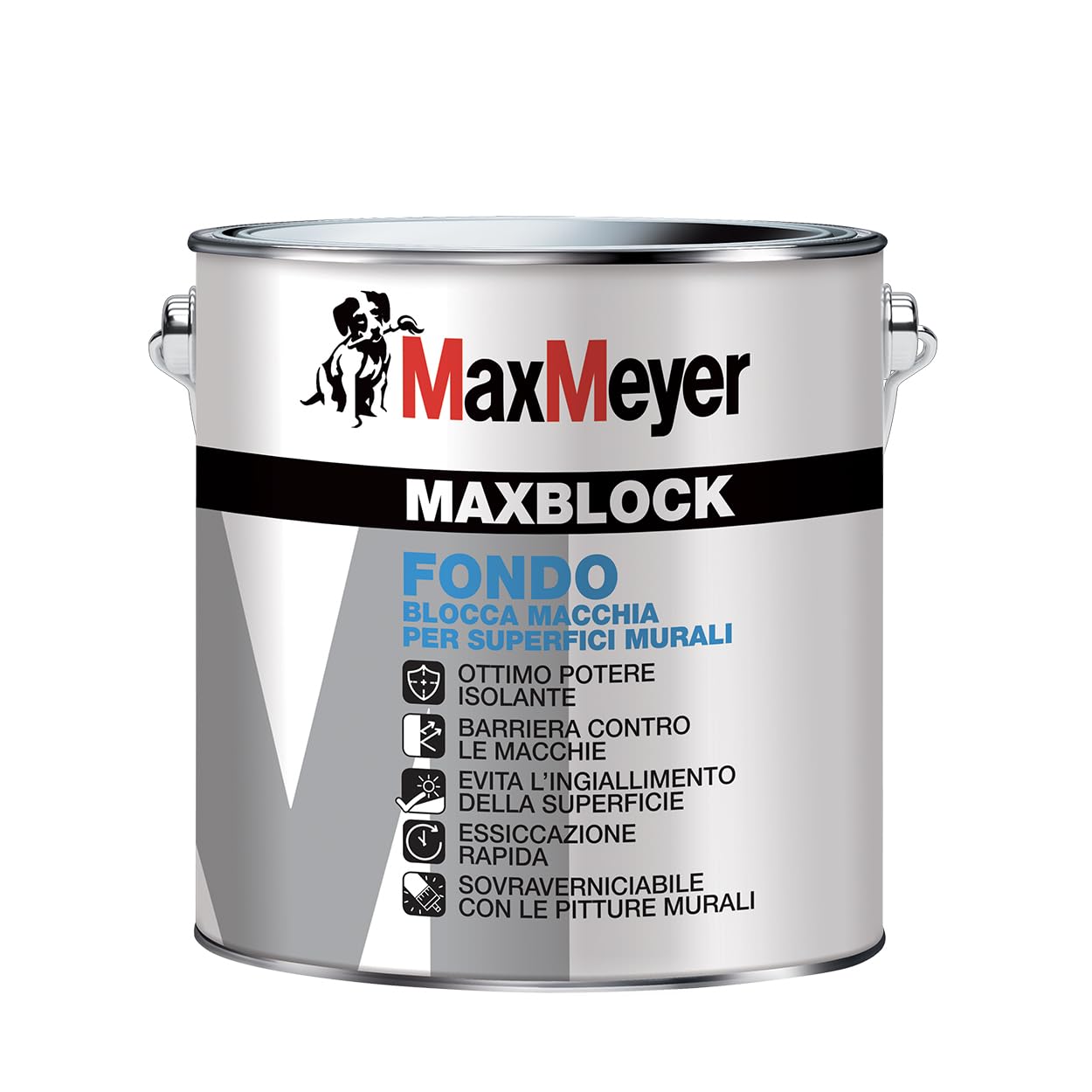 MaxMeyer MAXBLOCK Fondo Isolante per interni, Barriera Contro le Macchie, Sovraverniciabile, A+ Senza Formaldeide, Bianco, 2,5 Litri