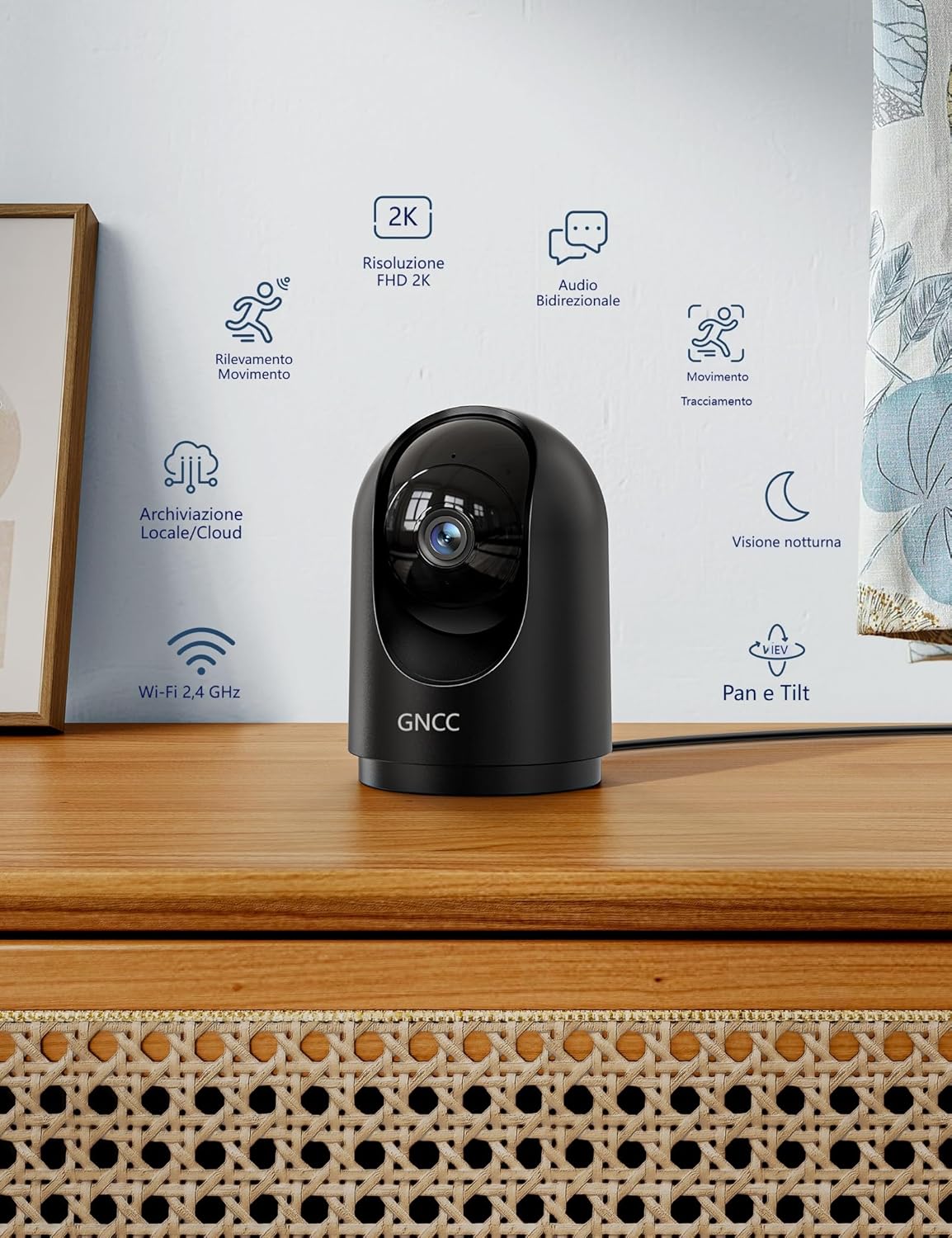 Gncc Telecamera WiFi Interno 2K 360°, Nero - immagine 2