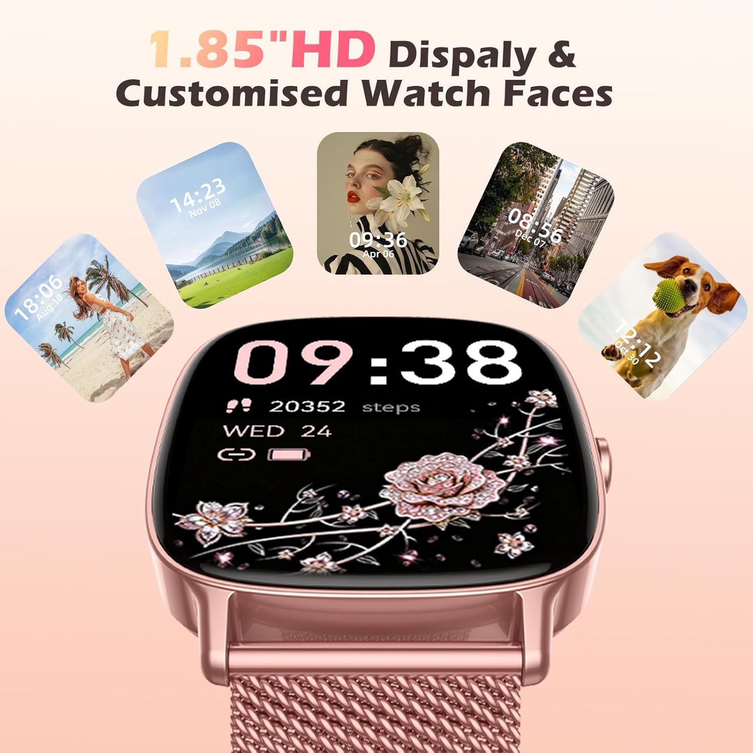 Smartwatch Donna con Funzione Telefono 1.85" HD, Rosa - immagine 6