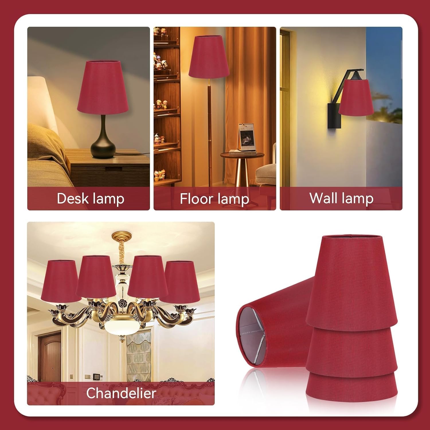 Cyrank Paralume in Tessuto E14 - Set da 6, Vino Rosso - immagine 3