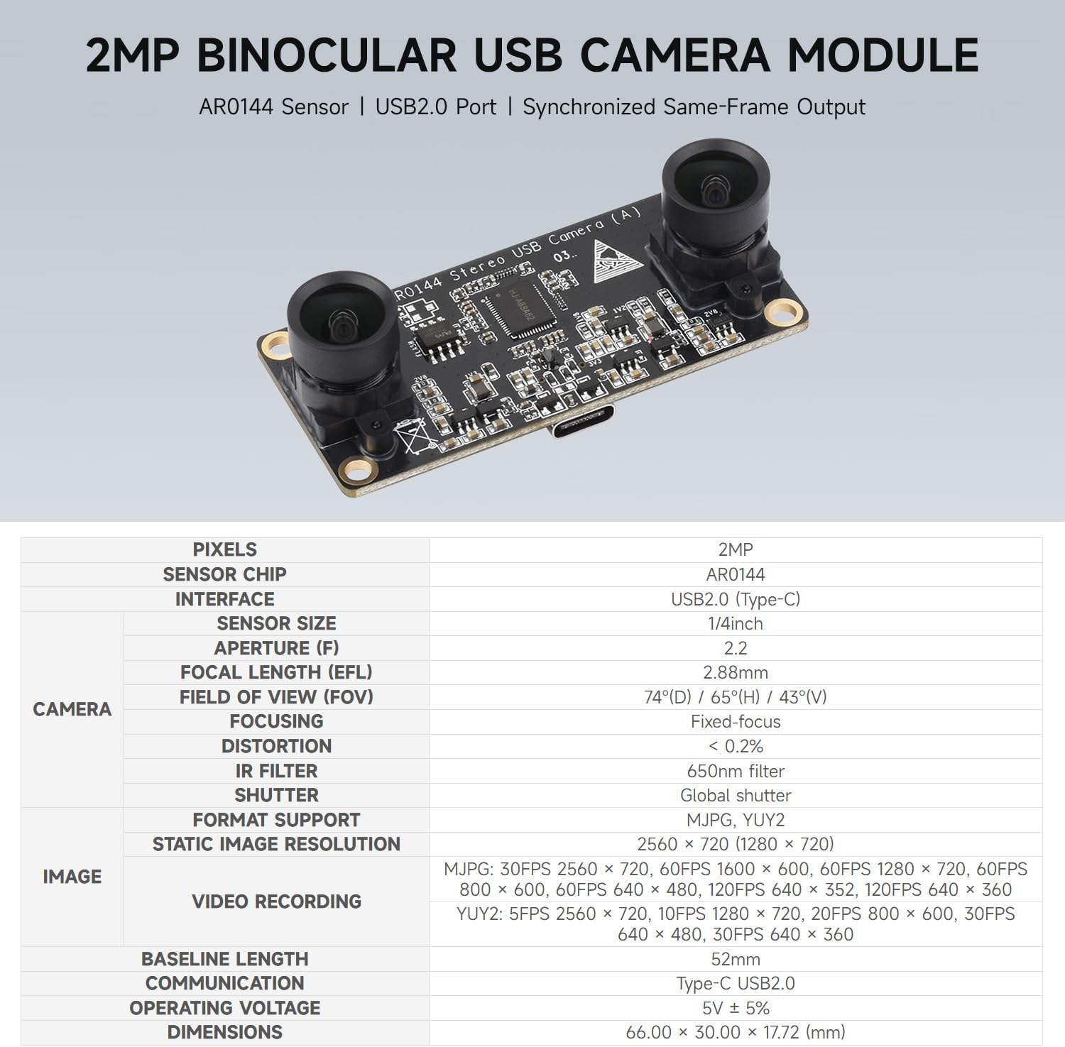 Waveshare AR0144 2MP Stereo USB Camera Module | Velz