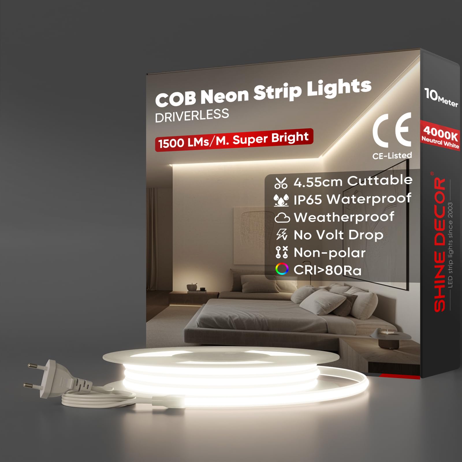 Shine Decor Striscia LED COB 10m IP65, Bianco Neutro