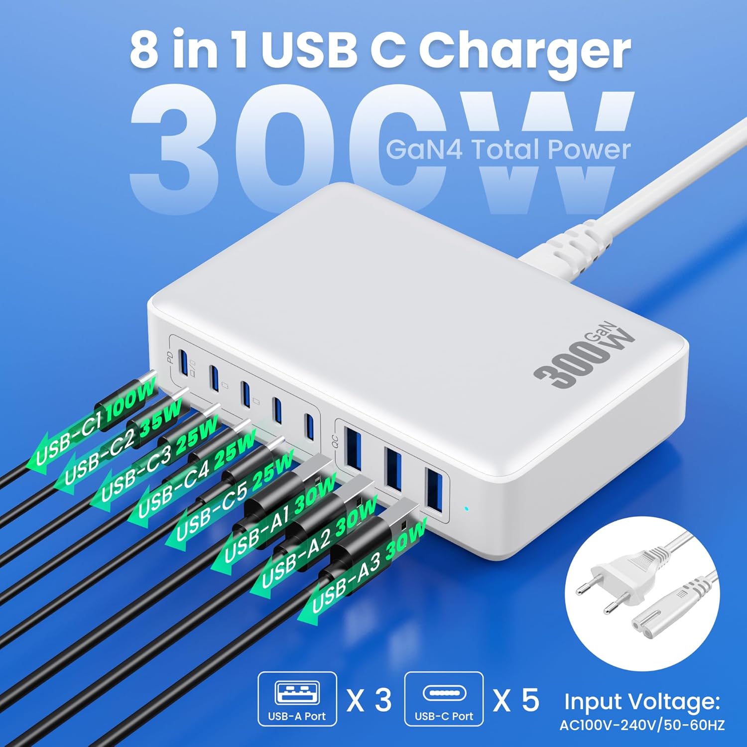 Caricatore USB C Multiplo GaN Ⅳ 300W 8 Porte, Bianco - immagine 2
