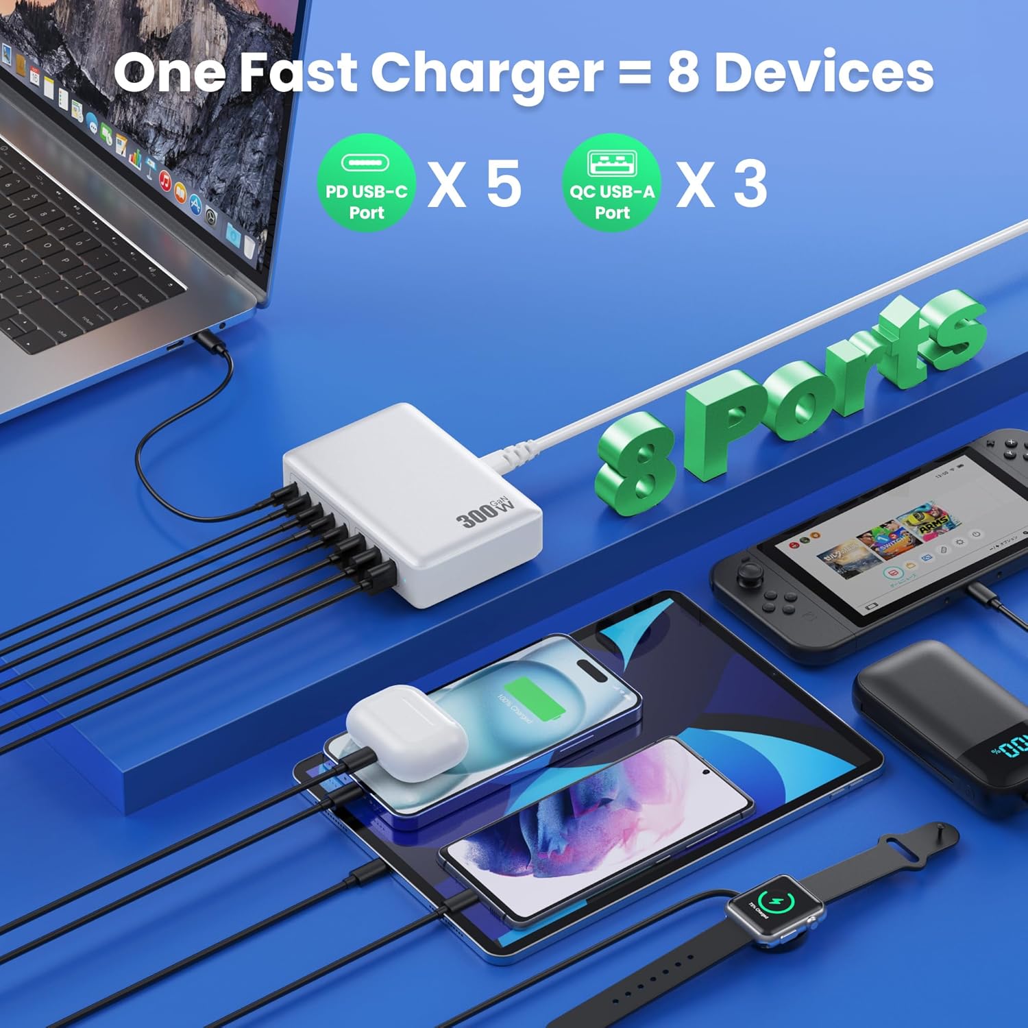 Caricatore USB C Multiplo GaN Ⅳ 300W 8 Porte, Bianco - immagine 3