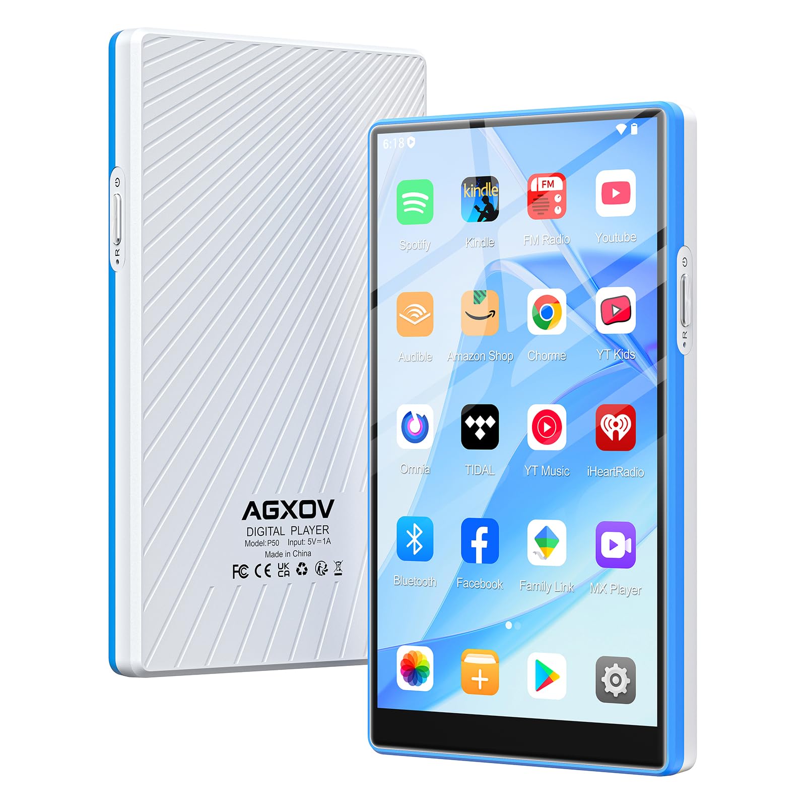 Agxov Lettore MP3 96GB con Wi-Fi e Bluetooth, Blu & Bianco