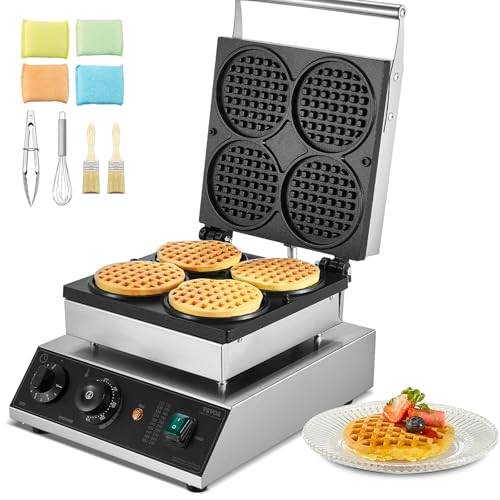 Vevor Macchina Waffle Belga Commerciale, 4 Pezzi, 1750W