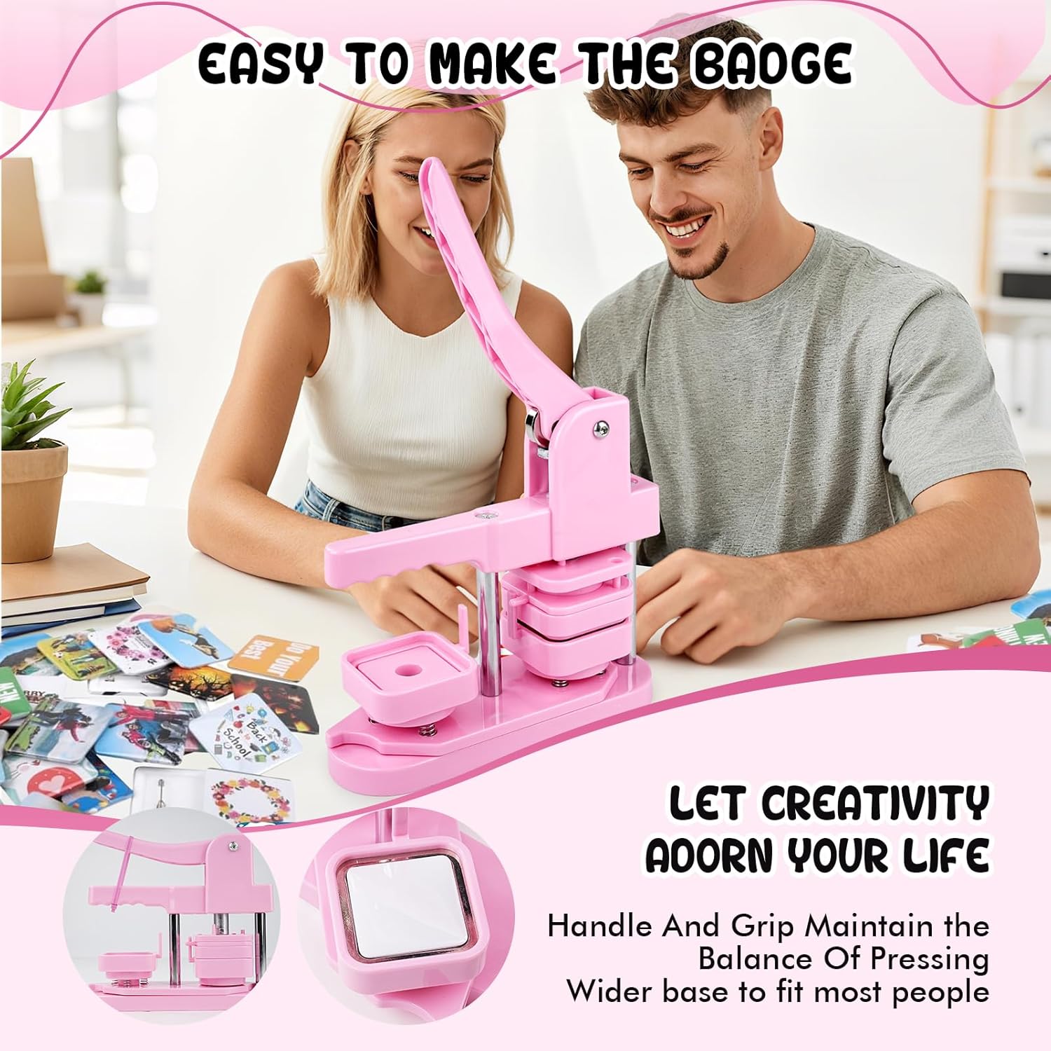 Button Maker Machine 50mm Quadrato DIY, Rosa - immagine 4