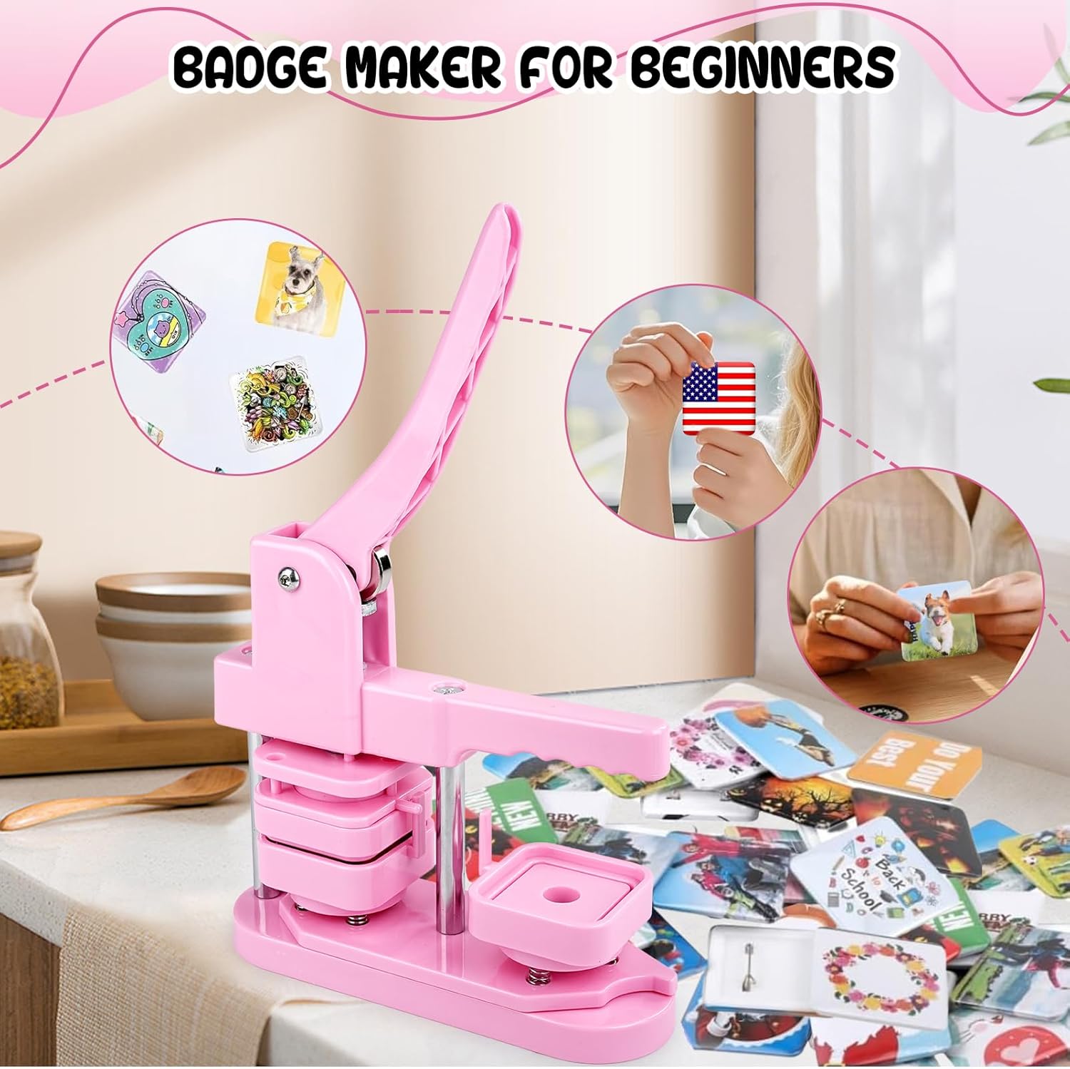 Button Maker Machine 50mm Quadrato DIY, Rosa - immagine 5