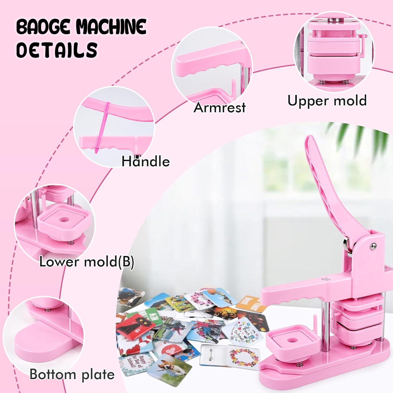 Button Maker Machine 50mm Quadrato DIY, Rosa - immagine 6