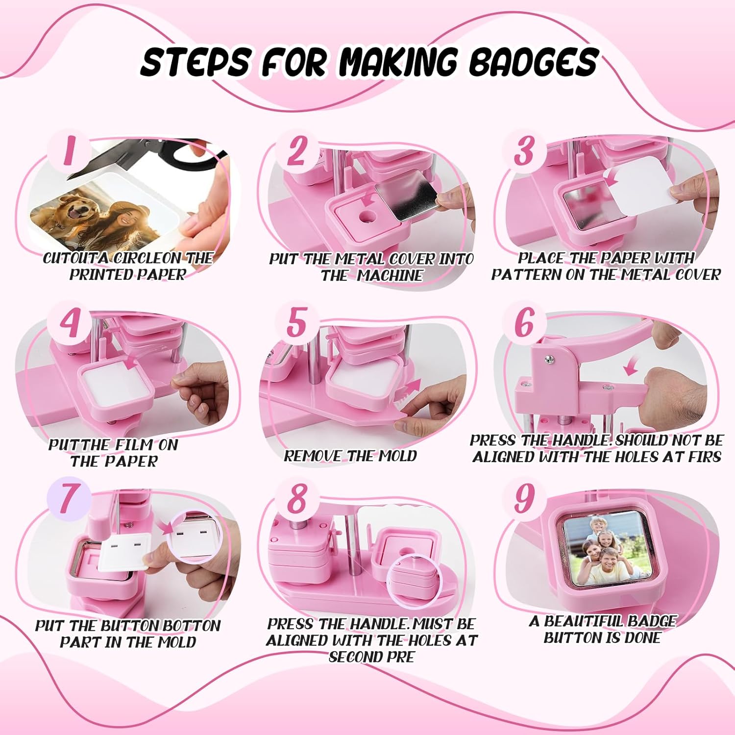 Button Maker Machine 50mm Quadrato DIY, Rosa - immagine 7