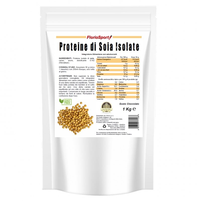 Proteine di Soia Isolate Vaniglia 1000 g in Polvere - FlorioSport | 89,5% Proteine Vegetali adatte a Vegani e Vegetariani. Senza Lattosio e Glutine. Senza OGM, Zuccheri ed Edulcoranti Artificiali.