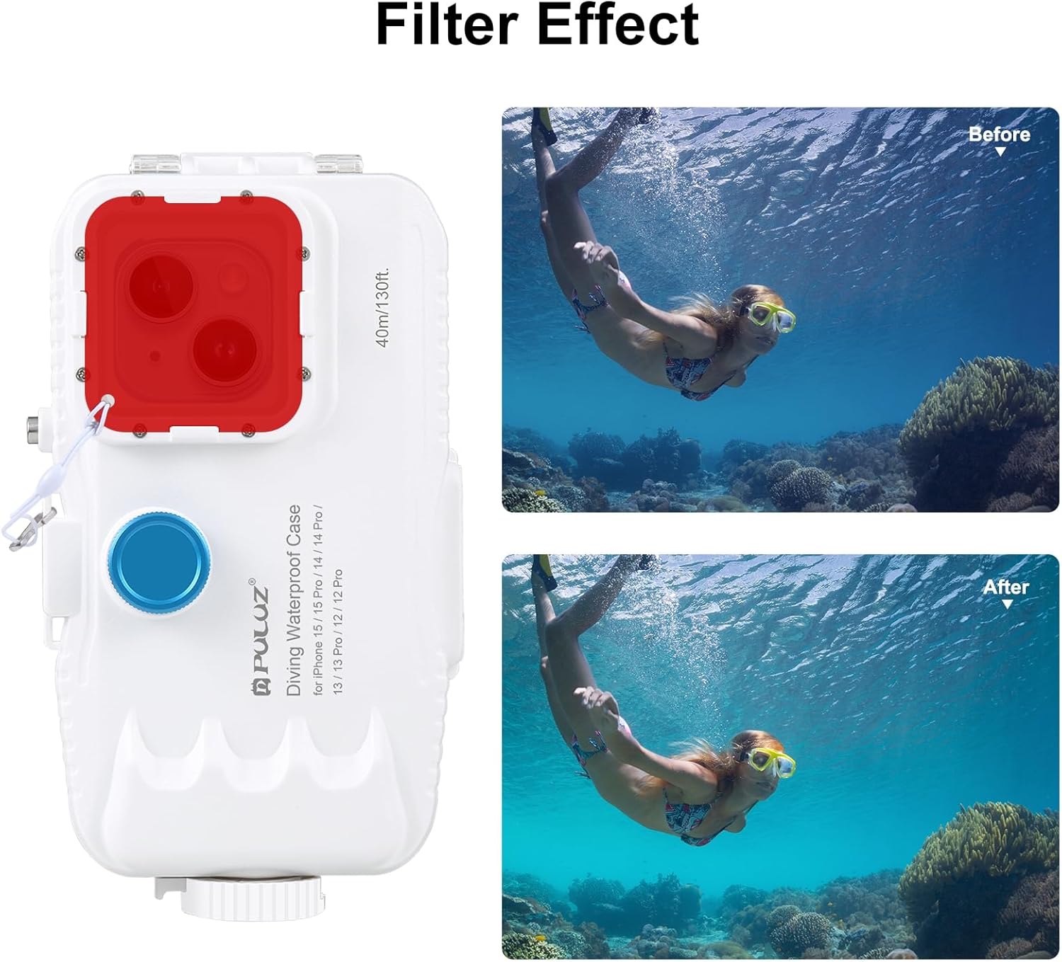 Puluz Custodia Impermeabile 40m per iPhone, Bianco - immagine 6