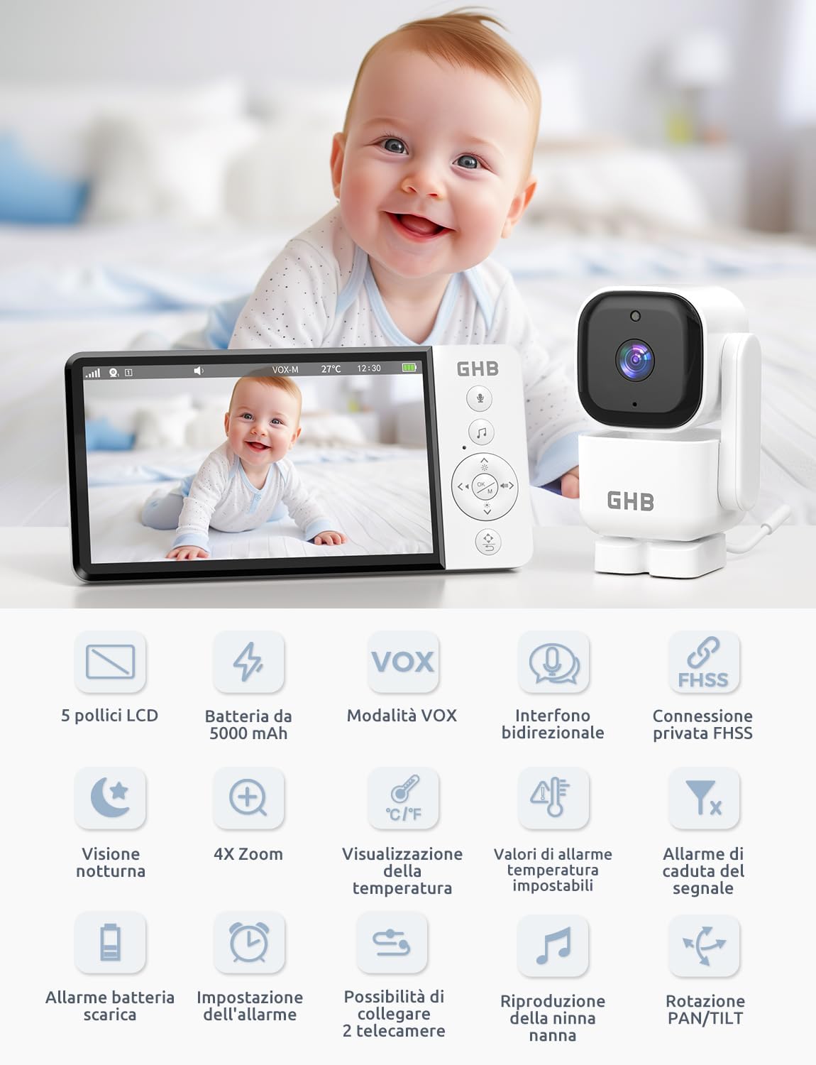 Ghb Baby Monitor Video e Audio 5'' 720HD IPS - immagine 2
