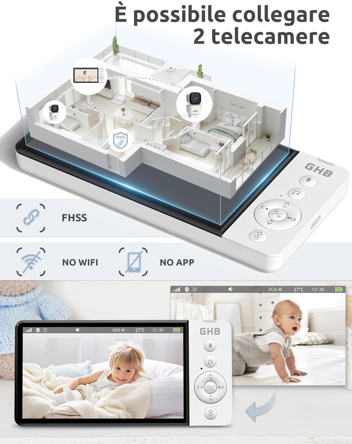 Ghb Baby Monitor Video e Audio 5'' 720HD IPS - immagine 8