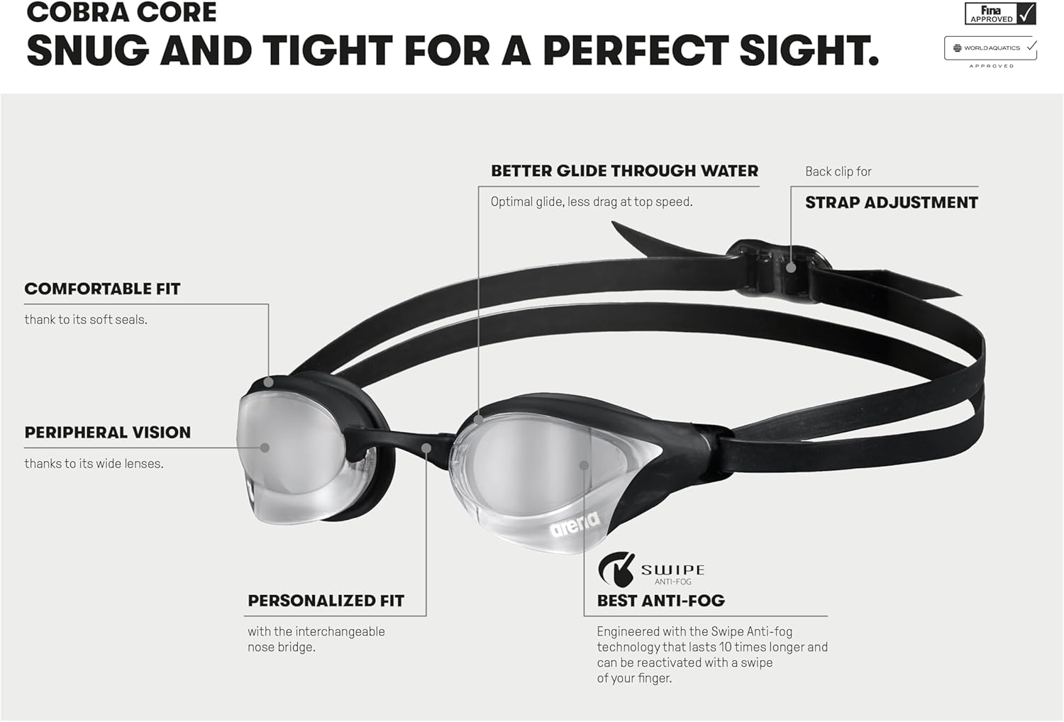 Arena Cobra Core Swipe Occhialini Nuoto Gara Unisex - immagine 2