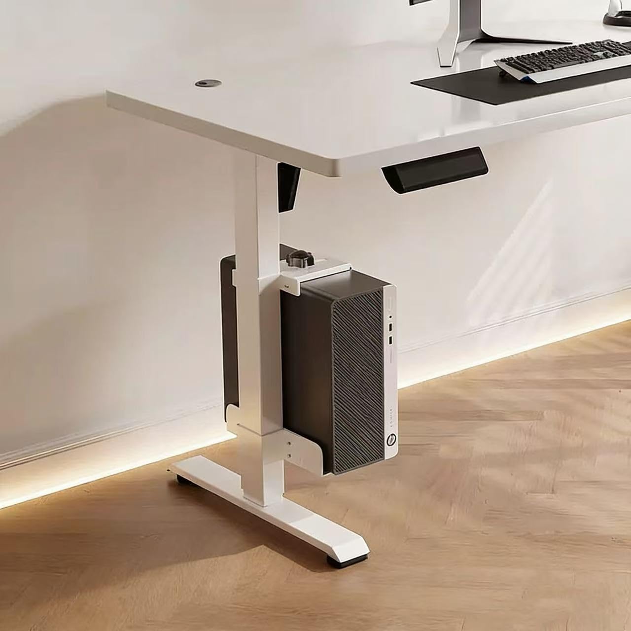 Supporto per PC regolabile sotto la scrivania, senza foratura, supporto per CPU per scrivania regolabile in altezza, portata fino a 18 kg, per gambe da tavolo 50 × 80 mm, facile da montare (bianco)