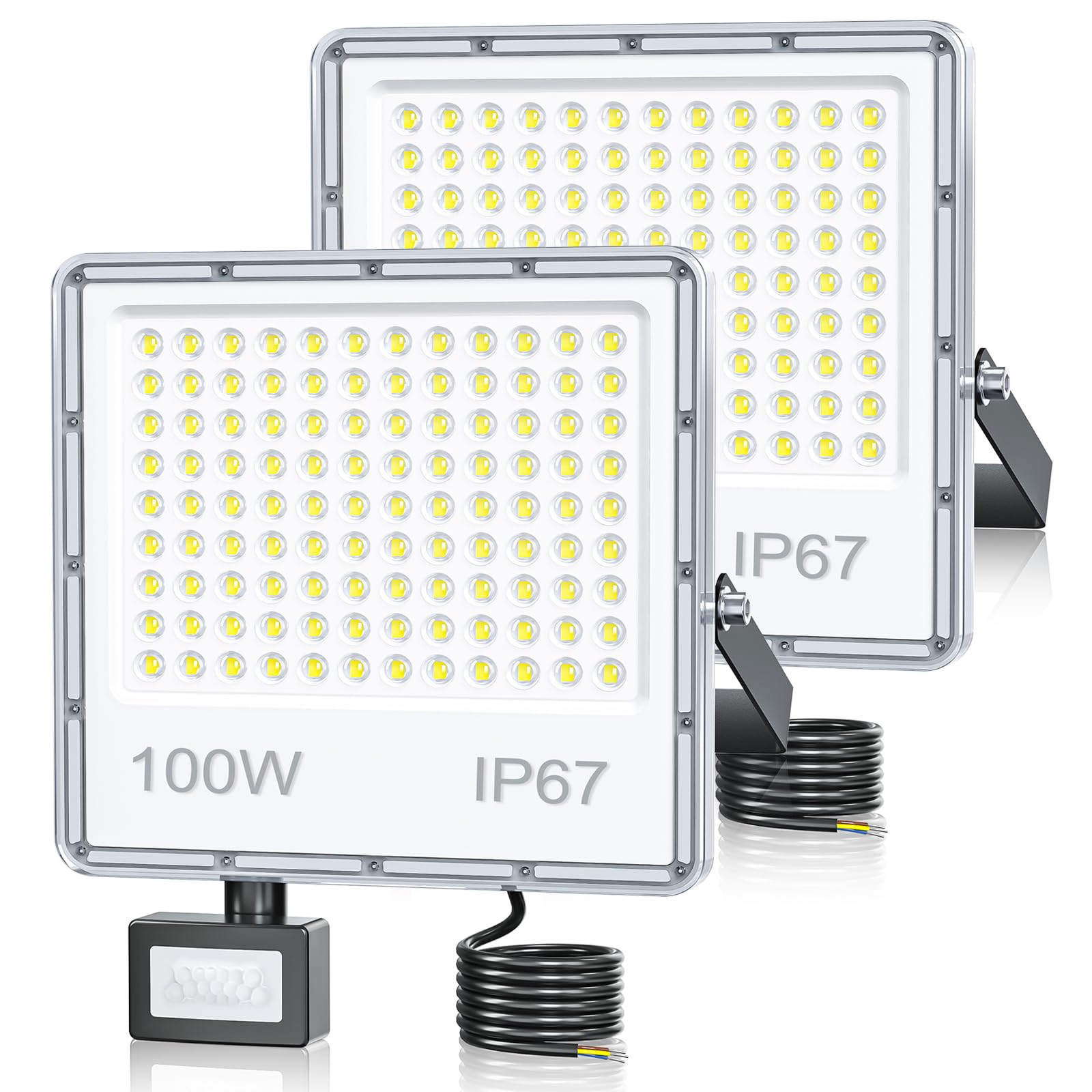 Faretto LED da Esterno con Sensore di Movimento 100W, Faro LED Esterno con Sensore Movimento 10000LM 6500K Bianco Freddo Impermeabile IP67 per Faretti Giardino(2 Pezzi)