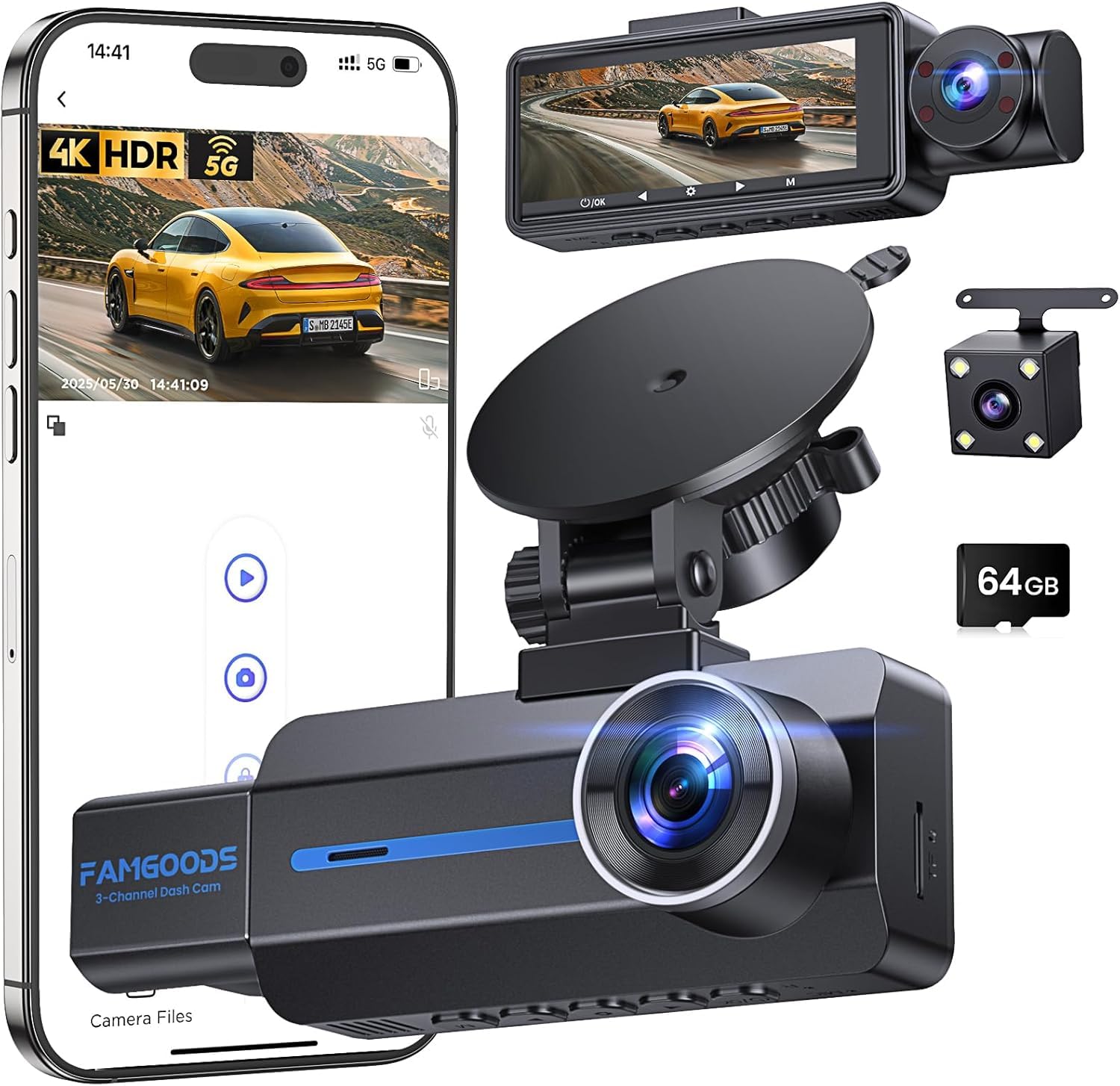 Famgoods Dash Cam Auto Fronte 4K, Retro, Interno 360°
