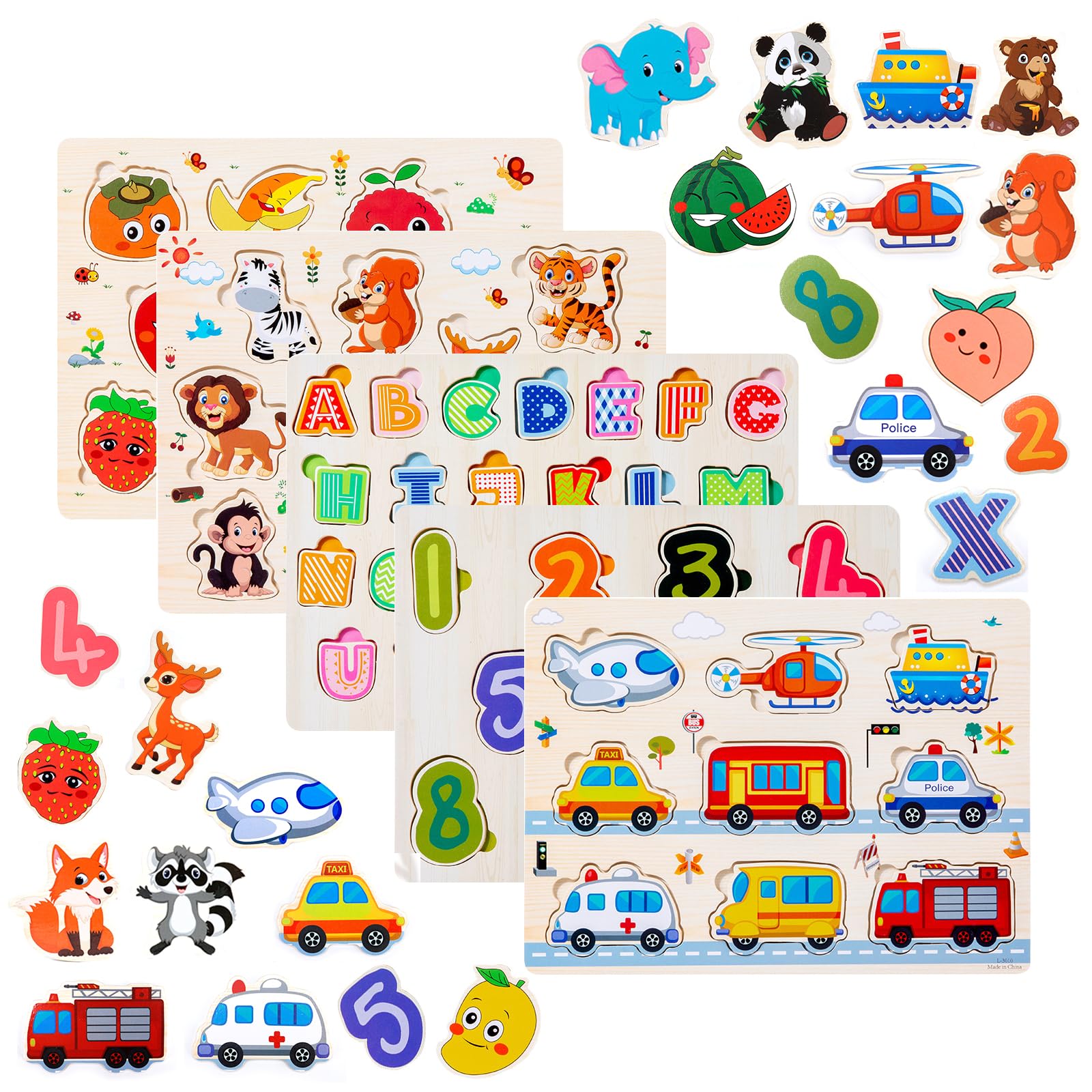 5 Pezzi Puzzle in Legno per i Bambini, Giochi Montessori Bambino, Educativo Giocattoli Regalo per 1 2 3 Anni, Animali Frutta Forme Lettere Numeri Traffico, Regalo Natale Ragazzi Ragazze