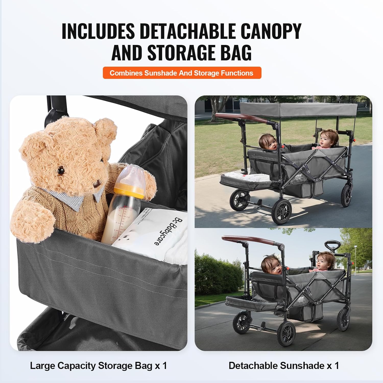 Vevor Passeggino Wagon Pieghevole per 2 Bambini, Grigio - immagine 5