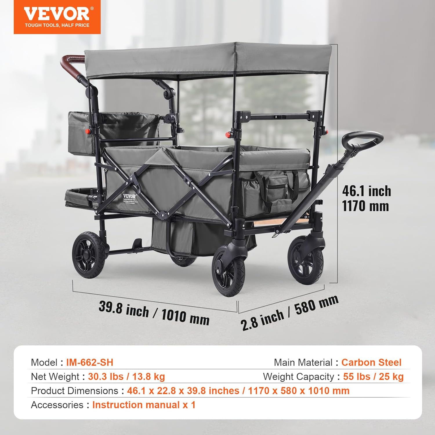 Vevor Passeggino Wagon Pieghevole per 2 Bambini, Grigio - immagine 7