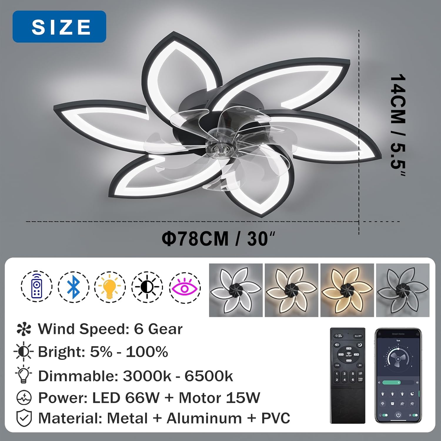 Yunzi Ventilatore da Soffitto con Luce LED 78CM, Bianco - immagine 6