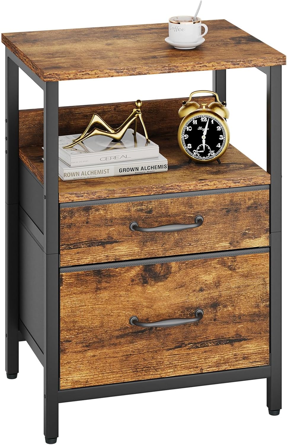 Ymyny Comodino con 2 Cassetti in Tessuto, Marrone