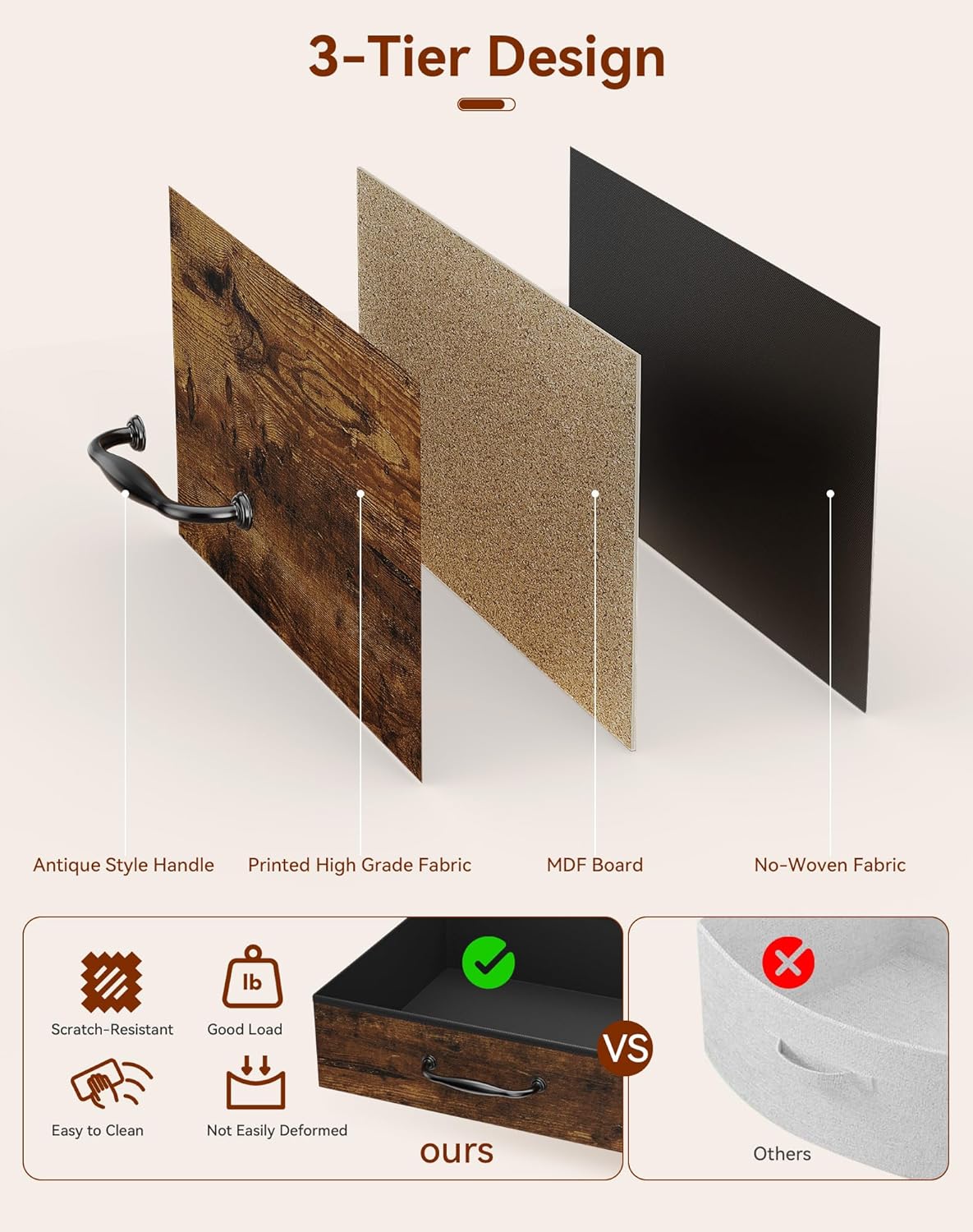 Ymyny Comodino con 2 Cassetti in Tessuto, Marrone - immagine 4