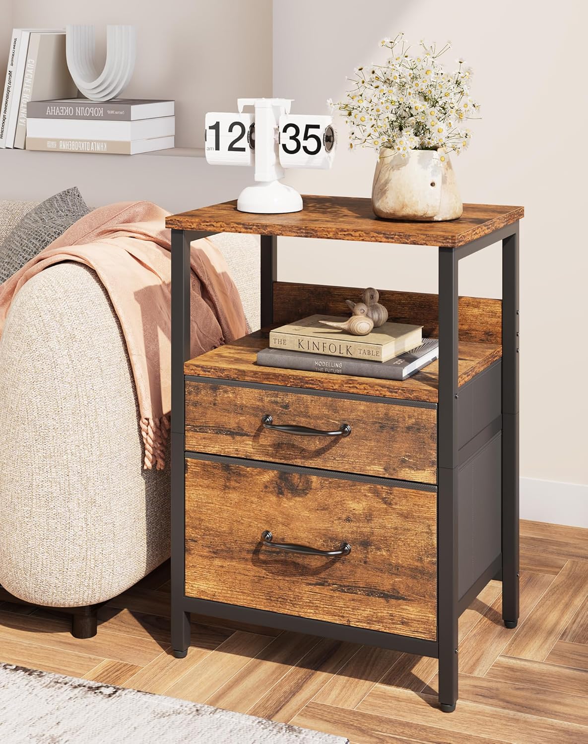 Ymyny Comodino con 2 Cassetti in Tessuto, Marrone - immagine 7