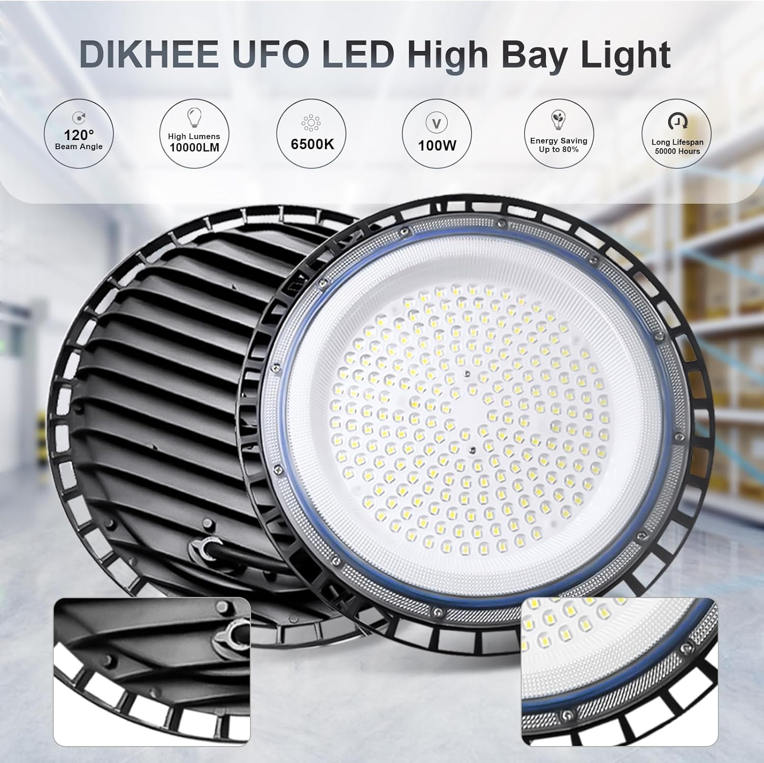 DIKHEE Faretto LED UFO High Bay 100W IP65 - immagine 2
